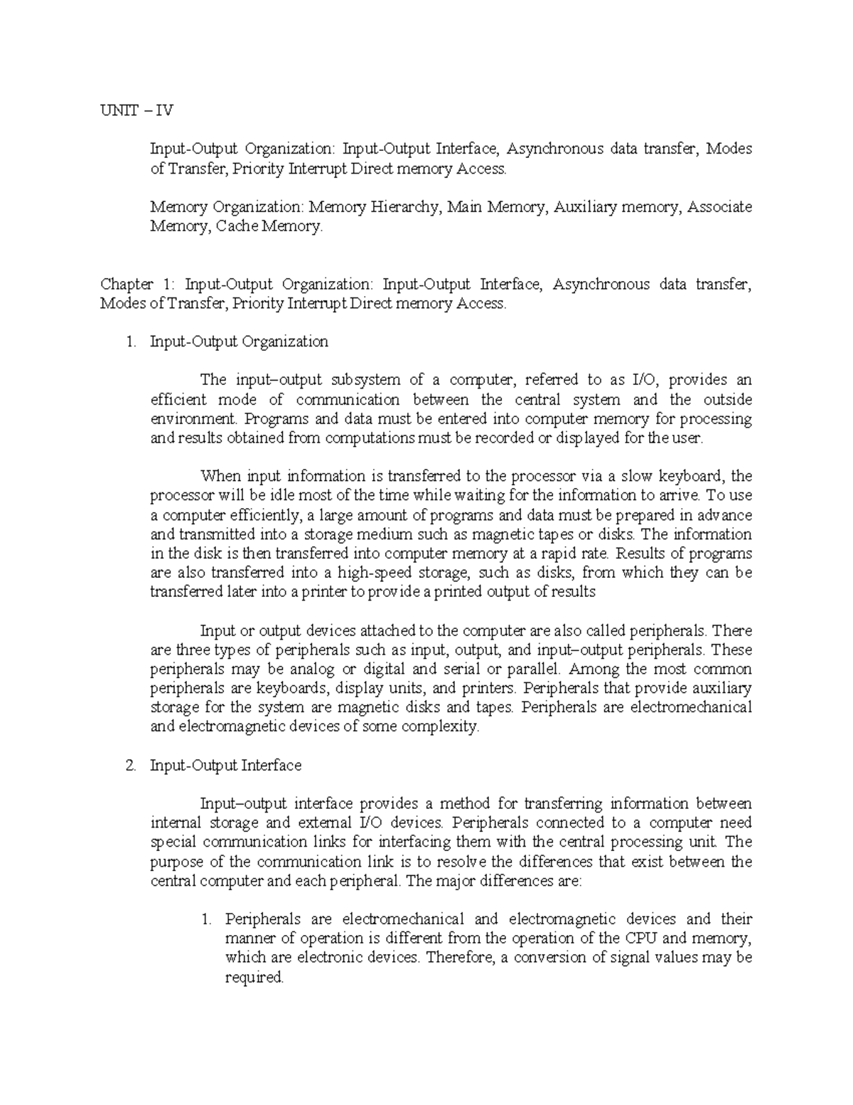 COA Notes for UNIT IV: Data Transfer, Memory Organization & Interfaces ...