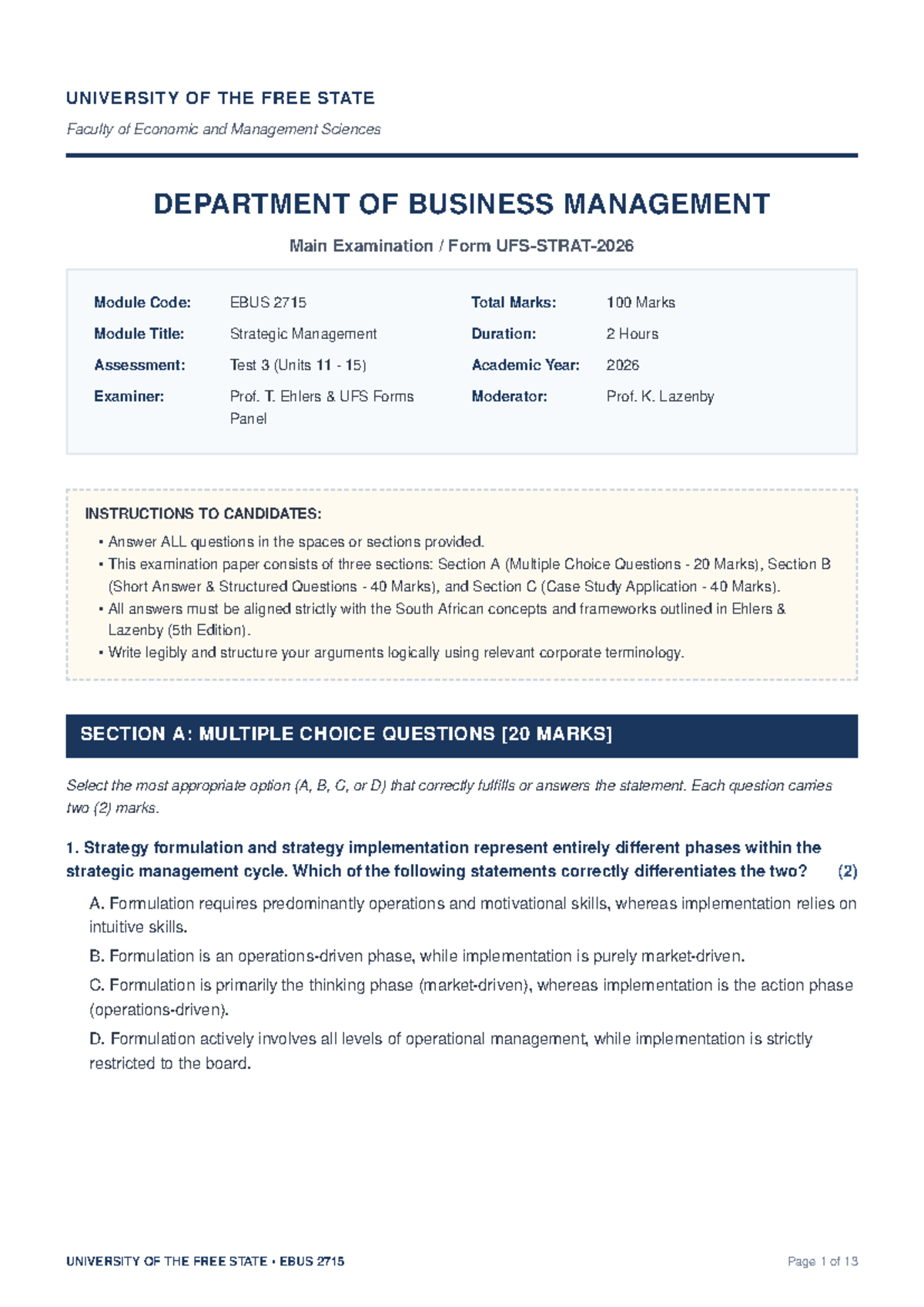 UFS EBUS 2715 Test 3: Strategic Management Exam Guide - Studocu