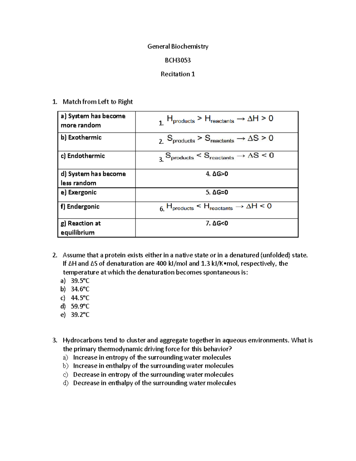 BCH3053 General Biochemistry Recitation 1 - Practice Problems Worksheet ...