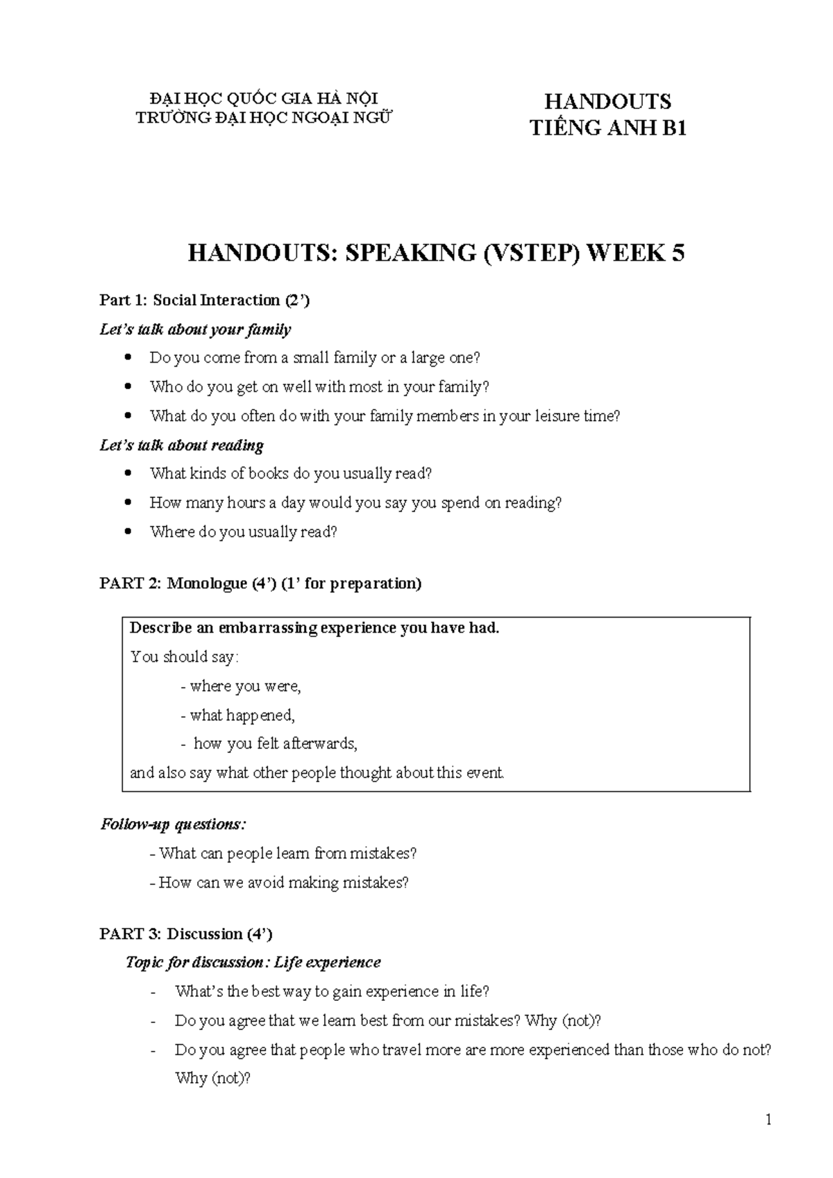 B1 - Handout 5: Speaking Practice on Family & Life Experiences - Studocu