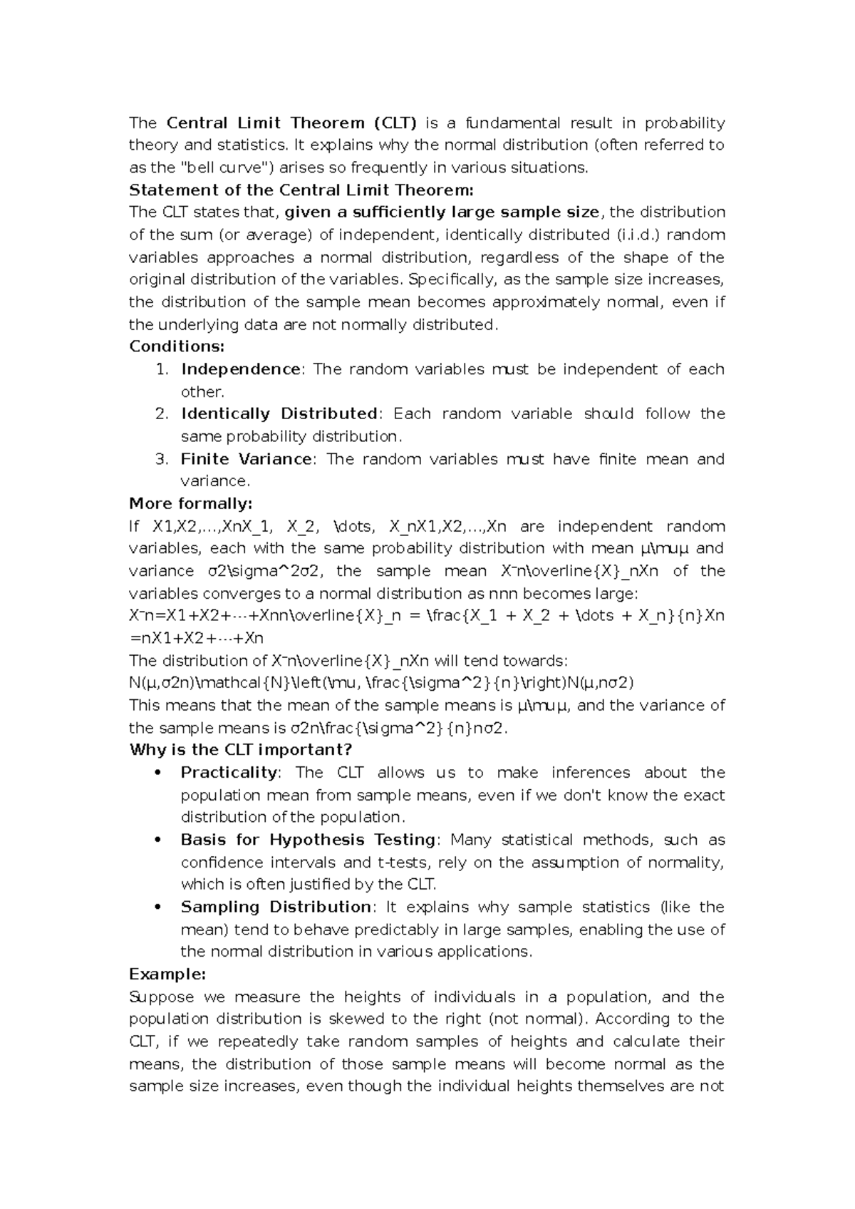 The Central Limit Theorem Notes - The Central Limit Theorem (CLT) is a ...