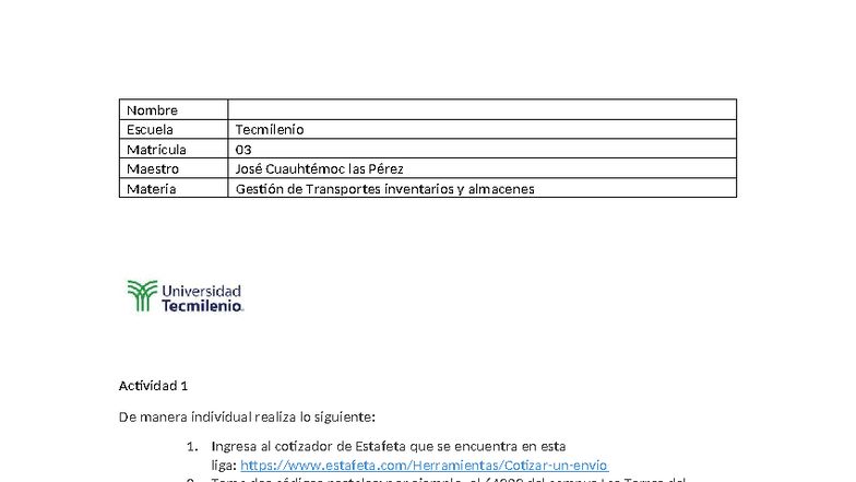 Actividad 1: Cotización de Flete y Análisis de Costos - Tecmilenio 03 ...