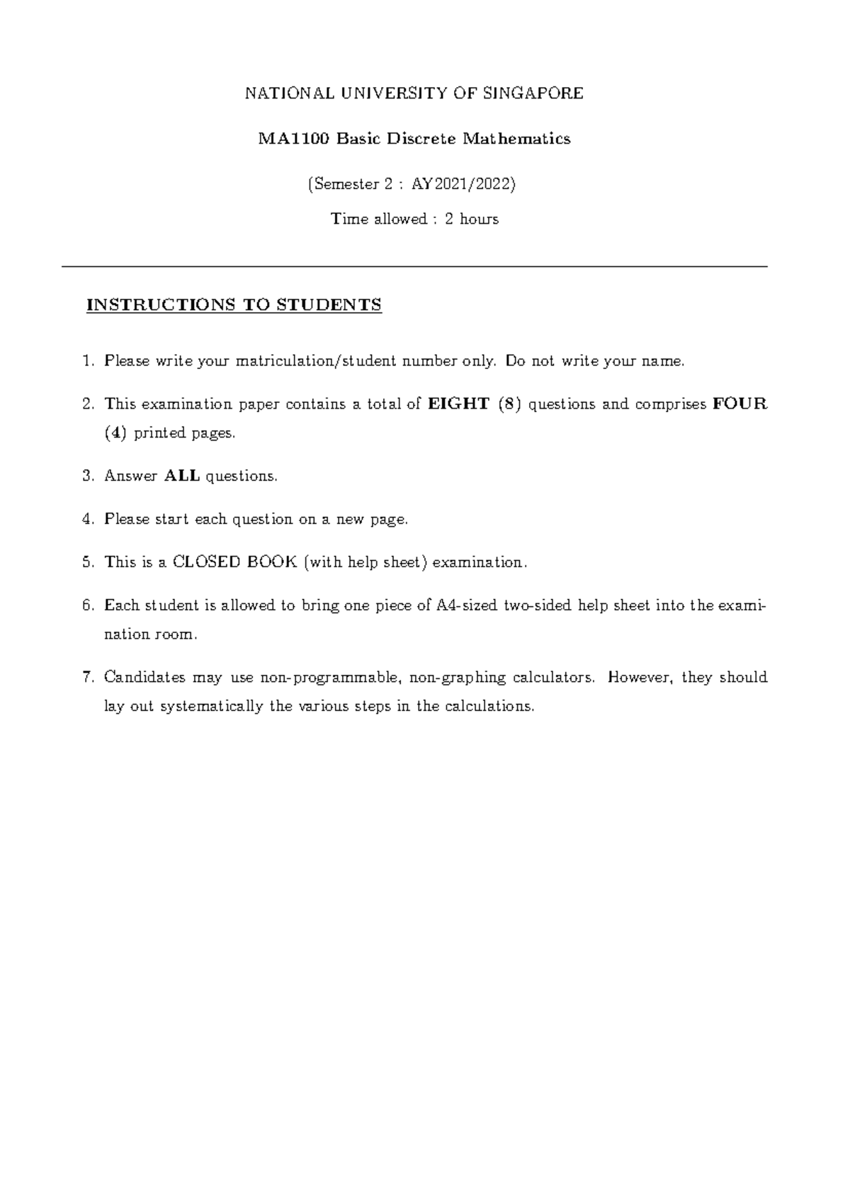 AY 21:22 Sem 2 - TEST PAPER - NATIONAL UNIVERSITY OF SINGAPORE MA1100 ...
