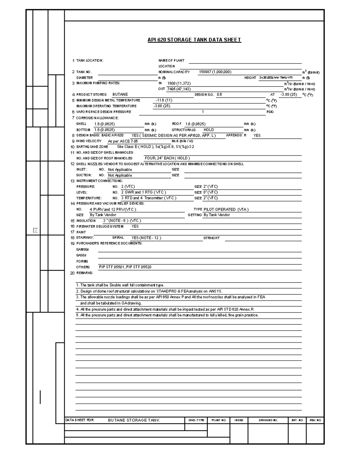 API 620 Butane Storage Tank Data Sheet: Design & Specifications - Studocu