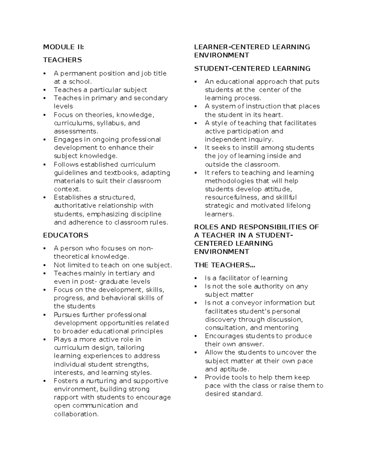 HE-Module II: Understanding Teacher Roles in Student-Centered Learning ...