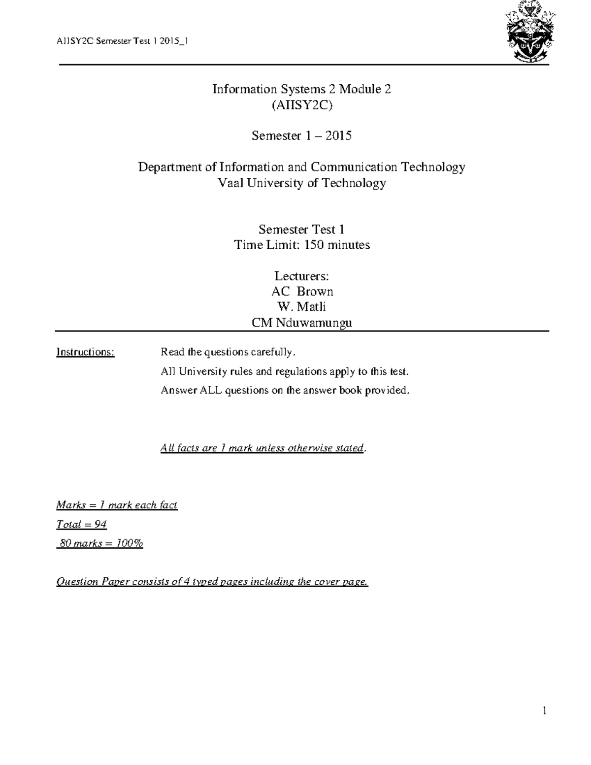 Case study 1 2020 2 (Semester Test 1 2015 ) - Information Systems 2 ...