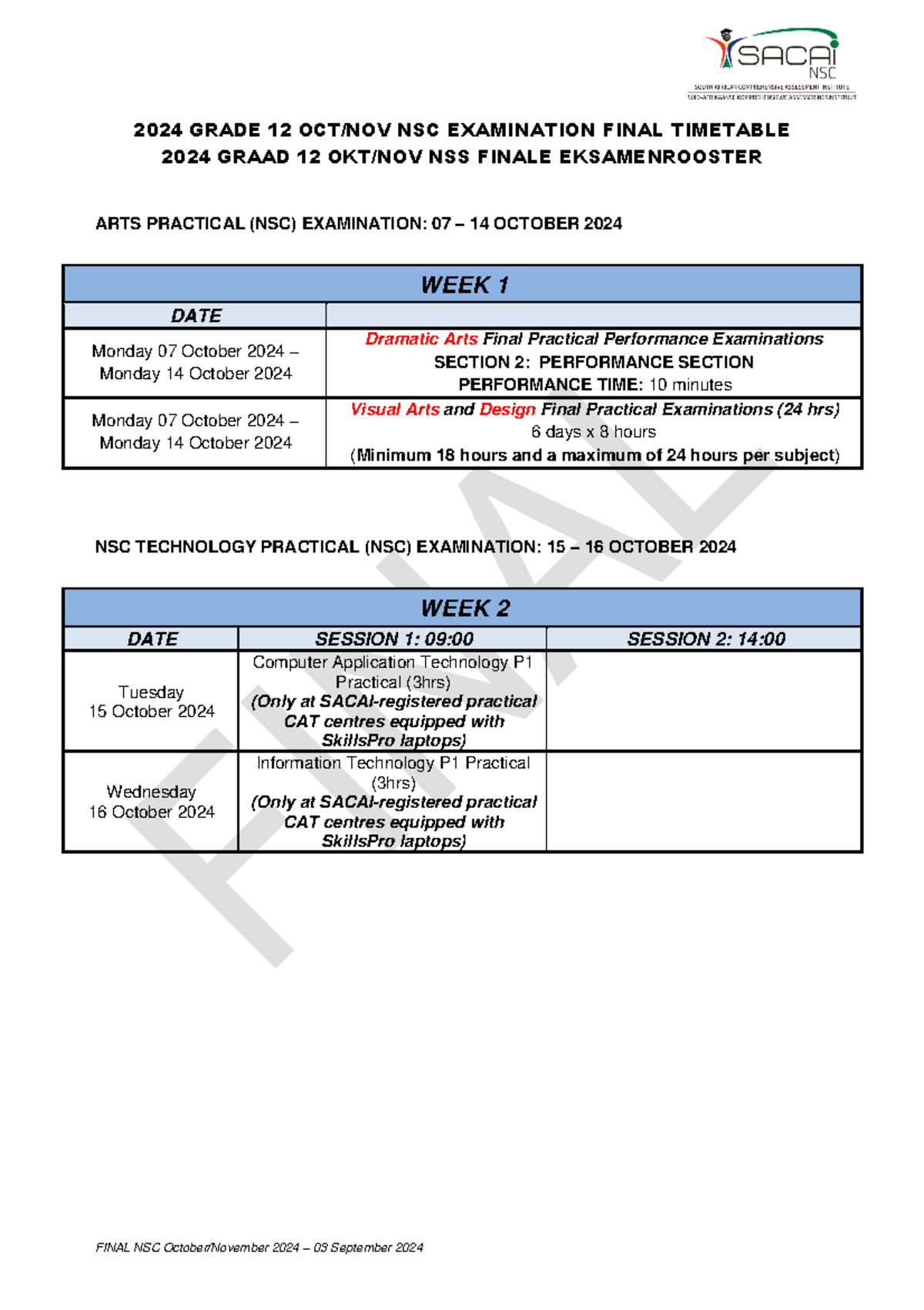 Final NSC Examination Timetable for October/November 2024 - Studocu