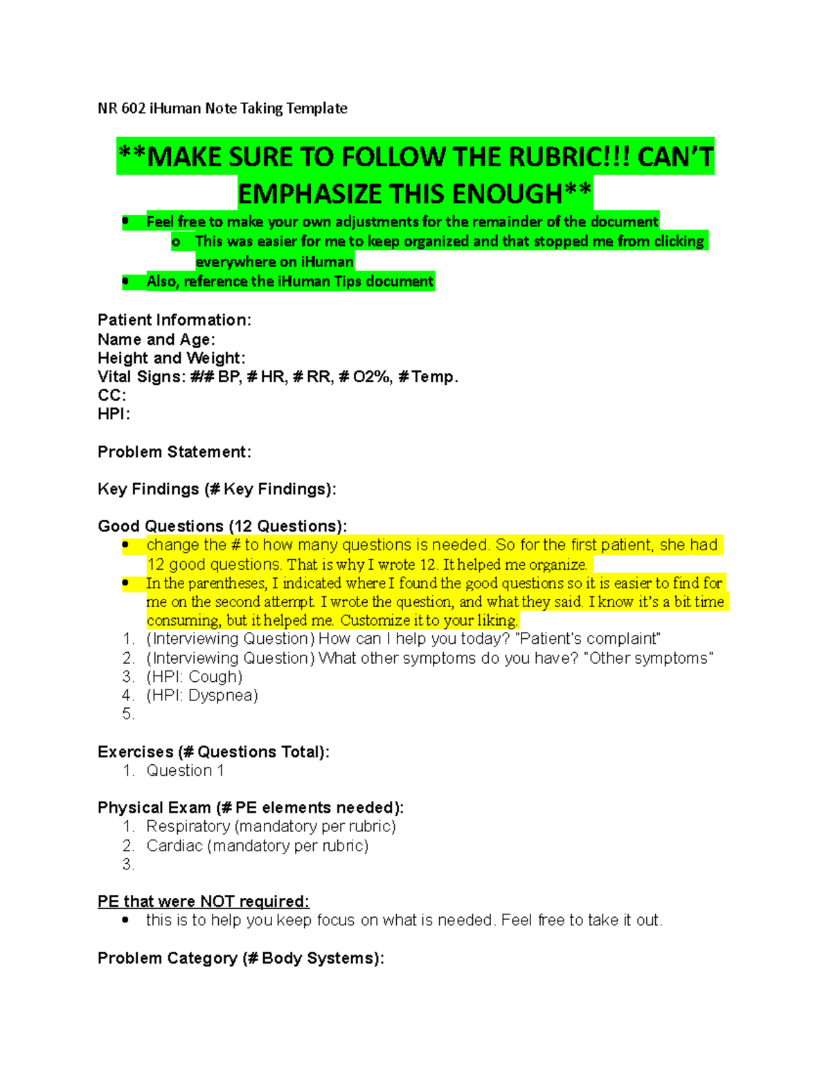 NR 602 iHuman Note Taking Template and Organization Guide - Studocu
