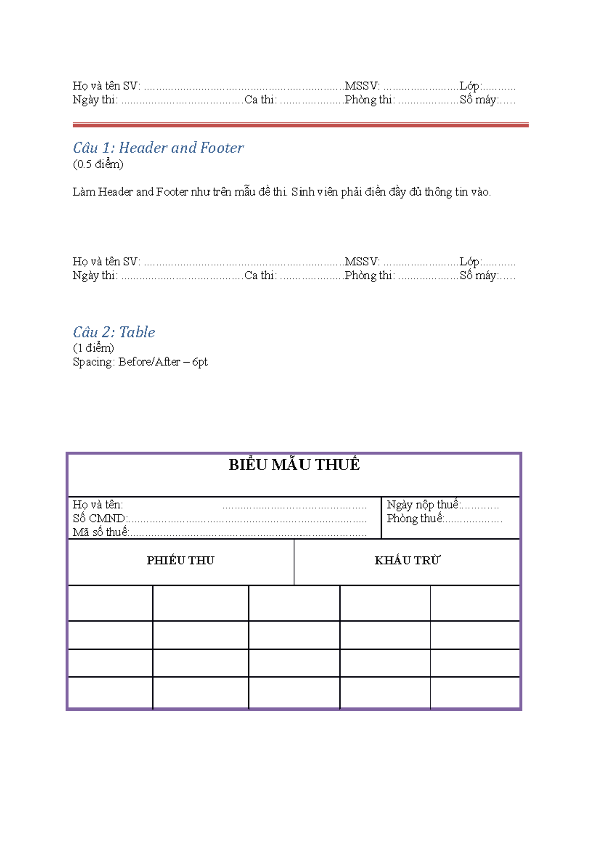 ON TAP DE 01 - Bài Tập Về Header, Footer, và Định Dạng Văn Bản - Studocu