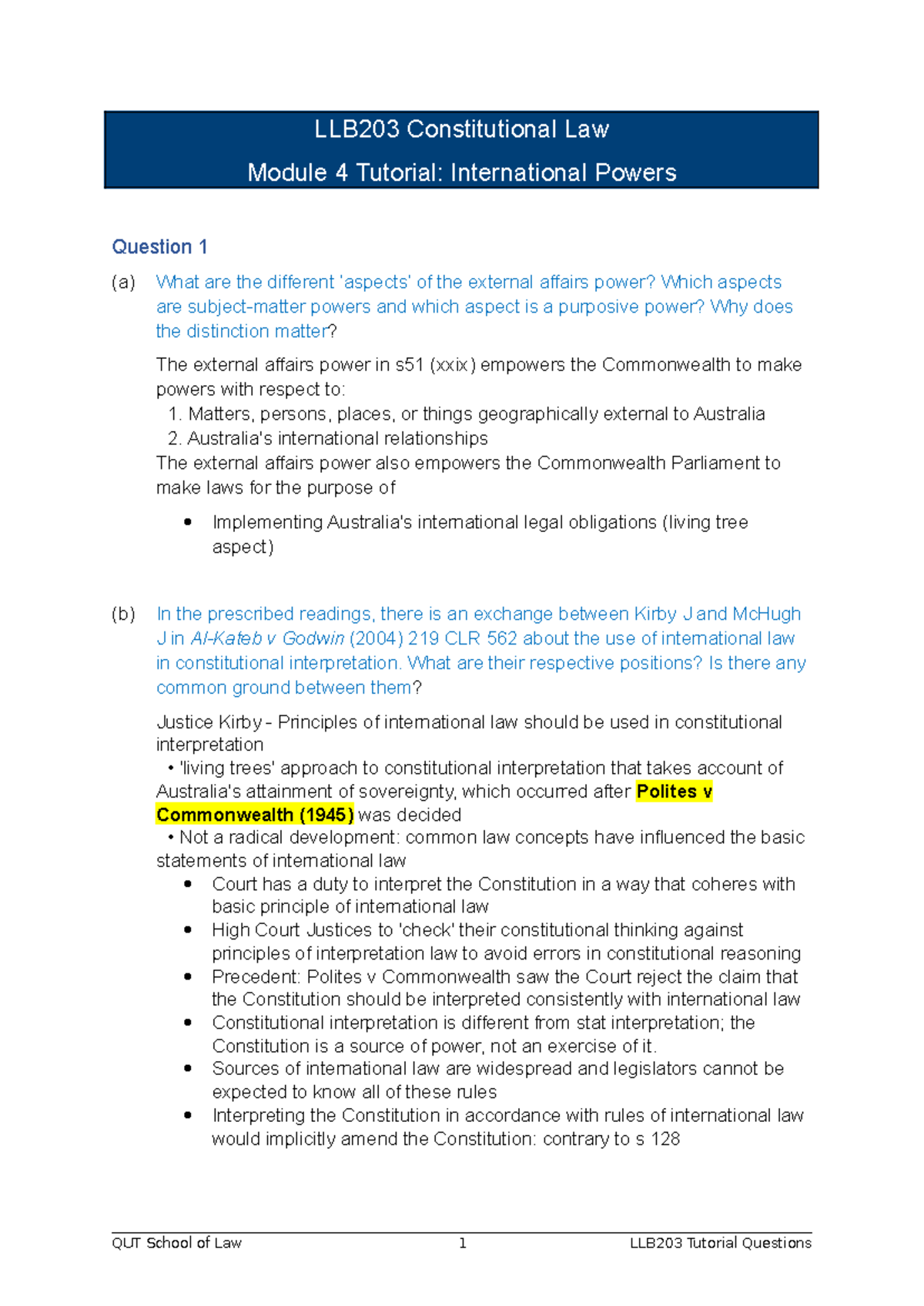 LLB203 Constitutional Law Module 4 Tutorial Questions on International ...
