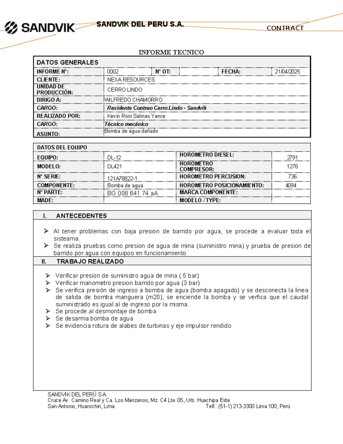 Informe Técnico: Evaluación y Reparación de Bomba de Agua DL421 ...