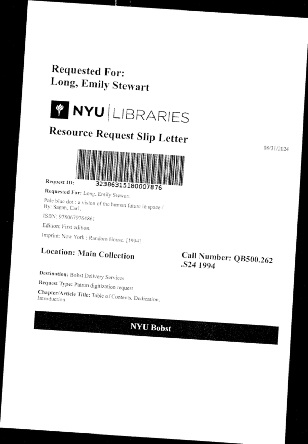 Carl Sagan - Requested For: Rung, Emiiy Stewart H NYU I LIBRARIES ...