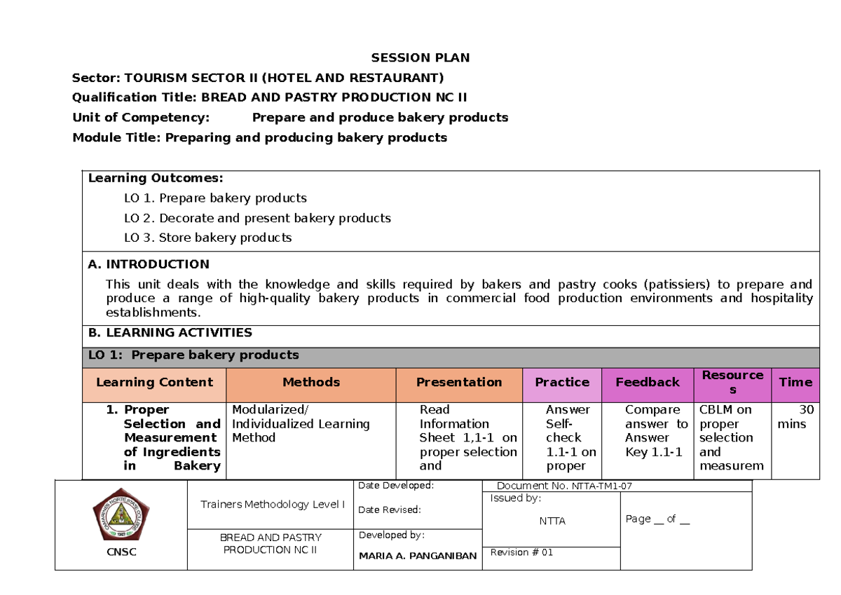 Midterm Session Plan for BREAD AND PASTRY PRODUCTION NC II - Studocu