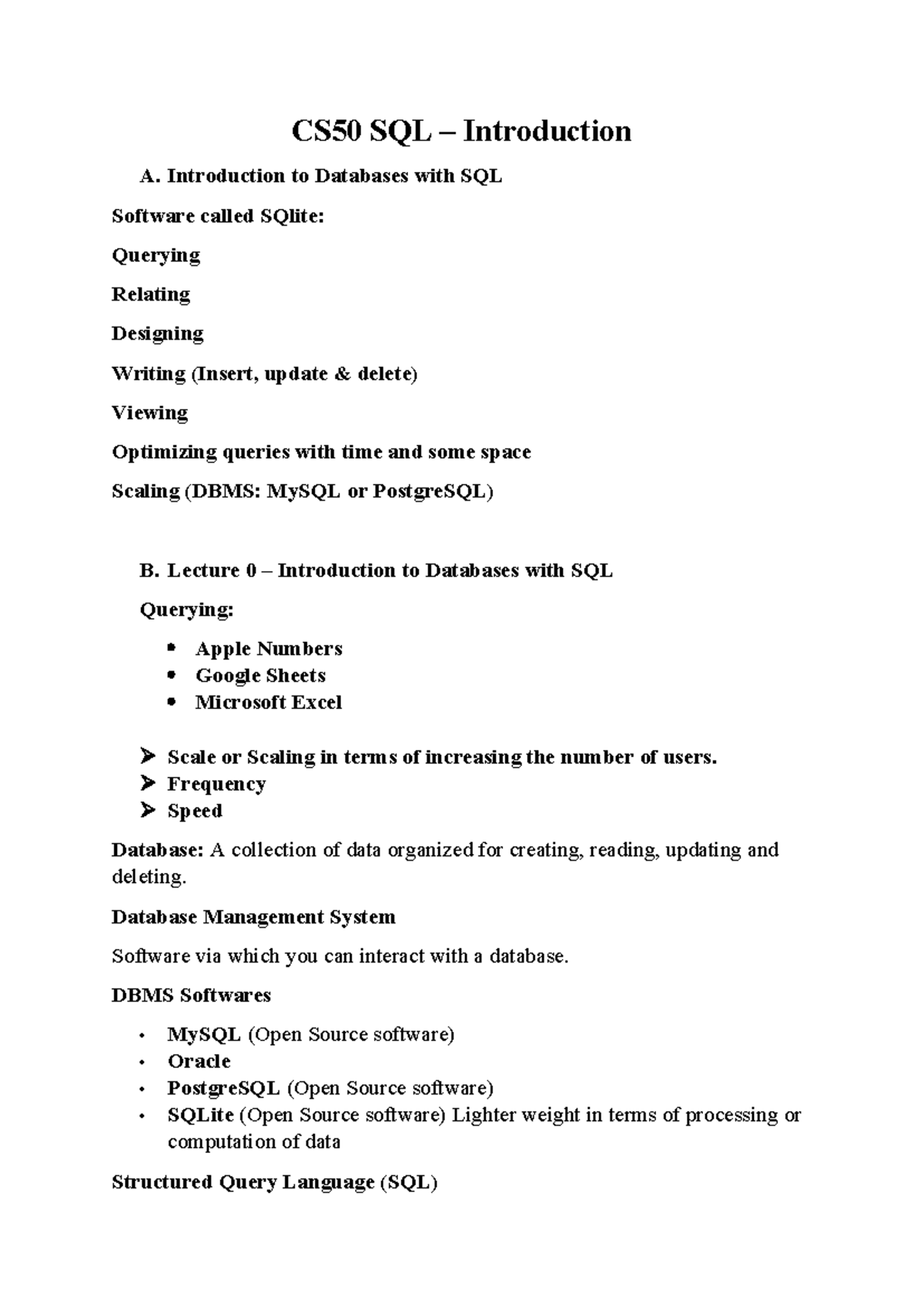 CS50 SQL - Lecture Notes on Databases and Querying Techniques - Studocu