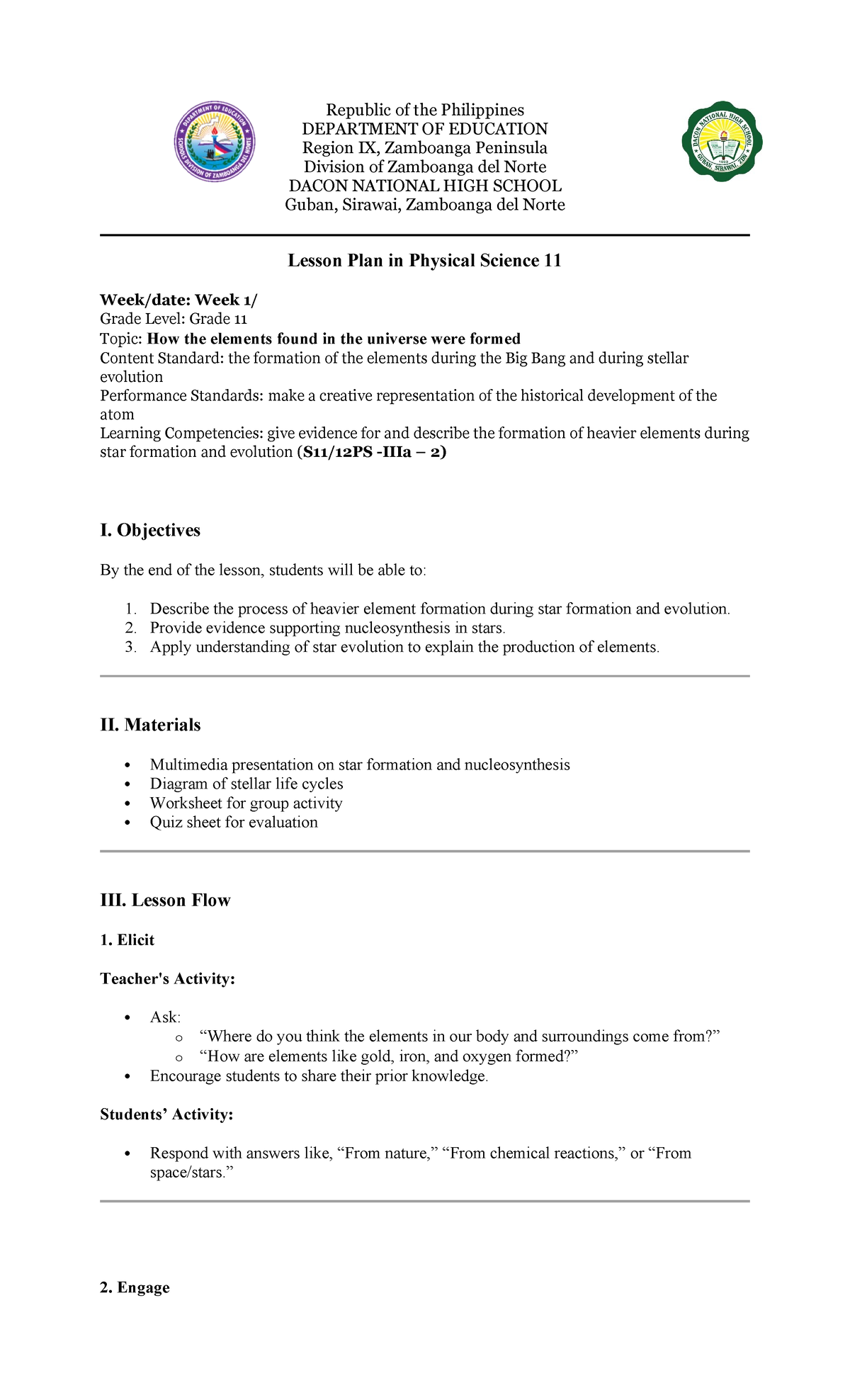 PHSC 11 Lesson Plan: Element Formation in Stars - Week 1 - Studocu