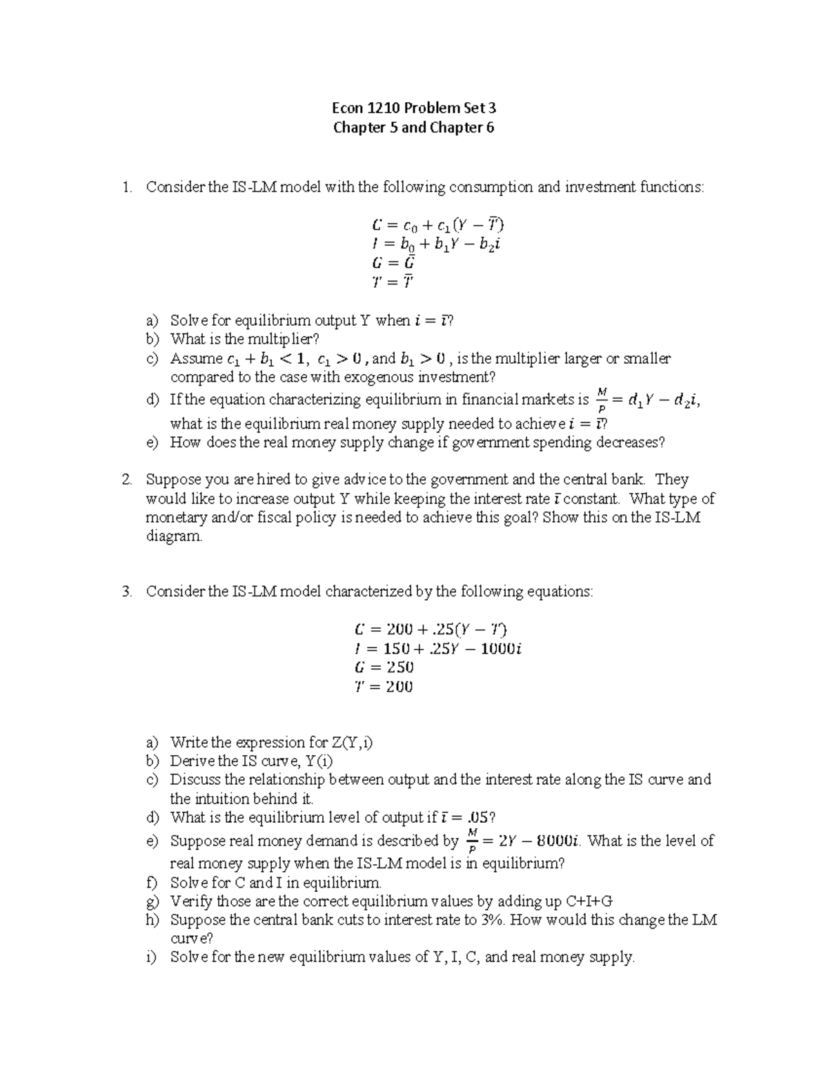 Practice problems chapter 5 and 6 - Econ 1210 Problem Set 3 Chapter 5 ...