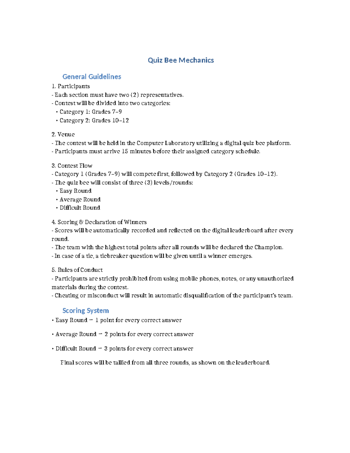 Quiz Bee Mechanics Guidelines for Participants - Studocu