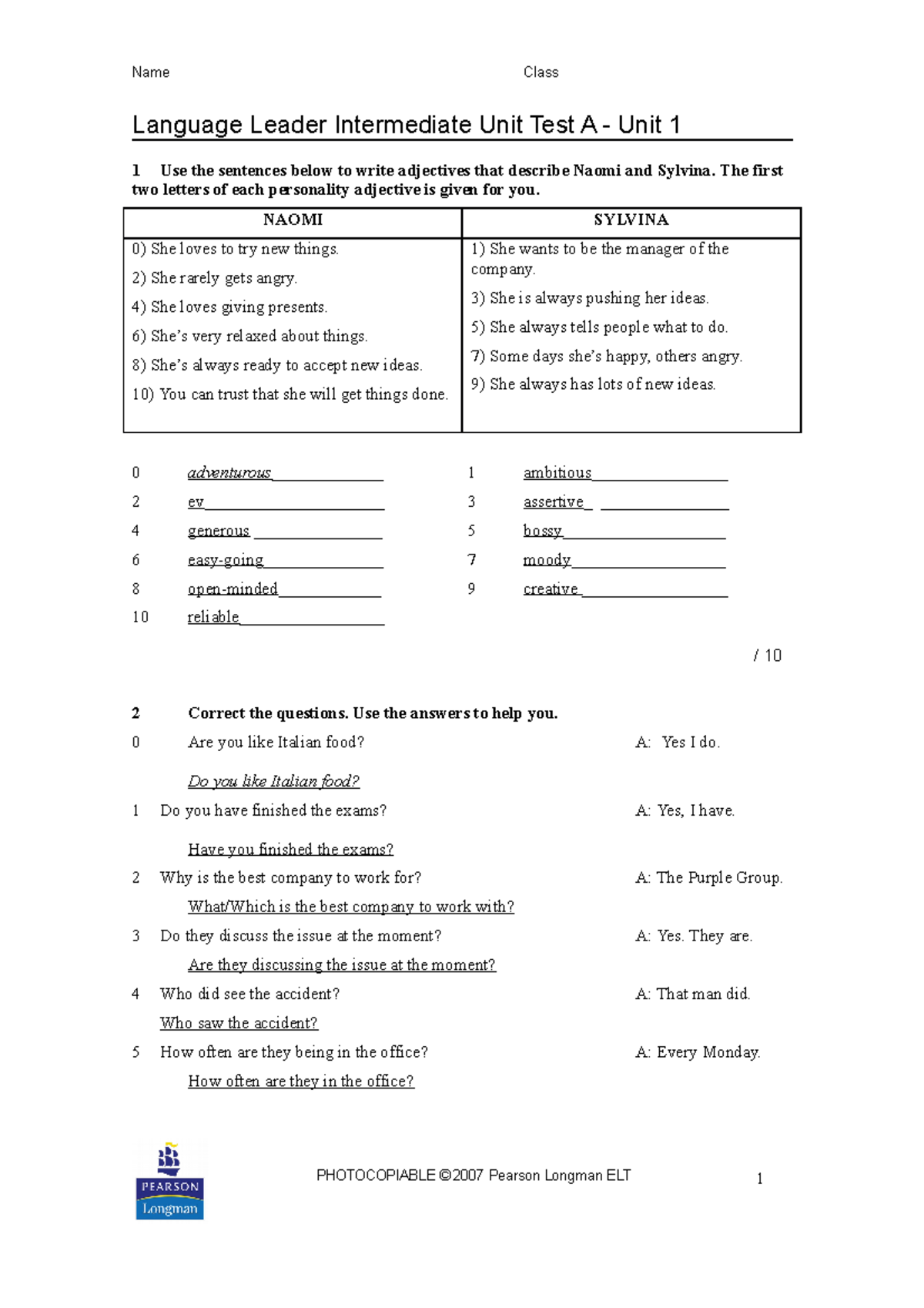 Unit Test 1A - English exercise - Name Class Language Leader ...