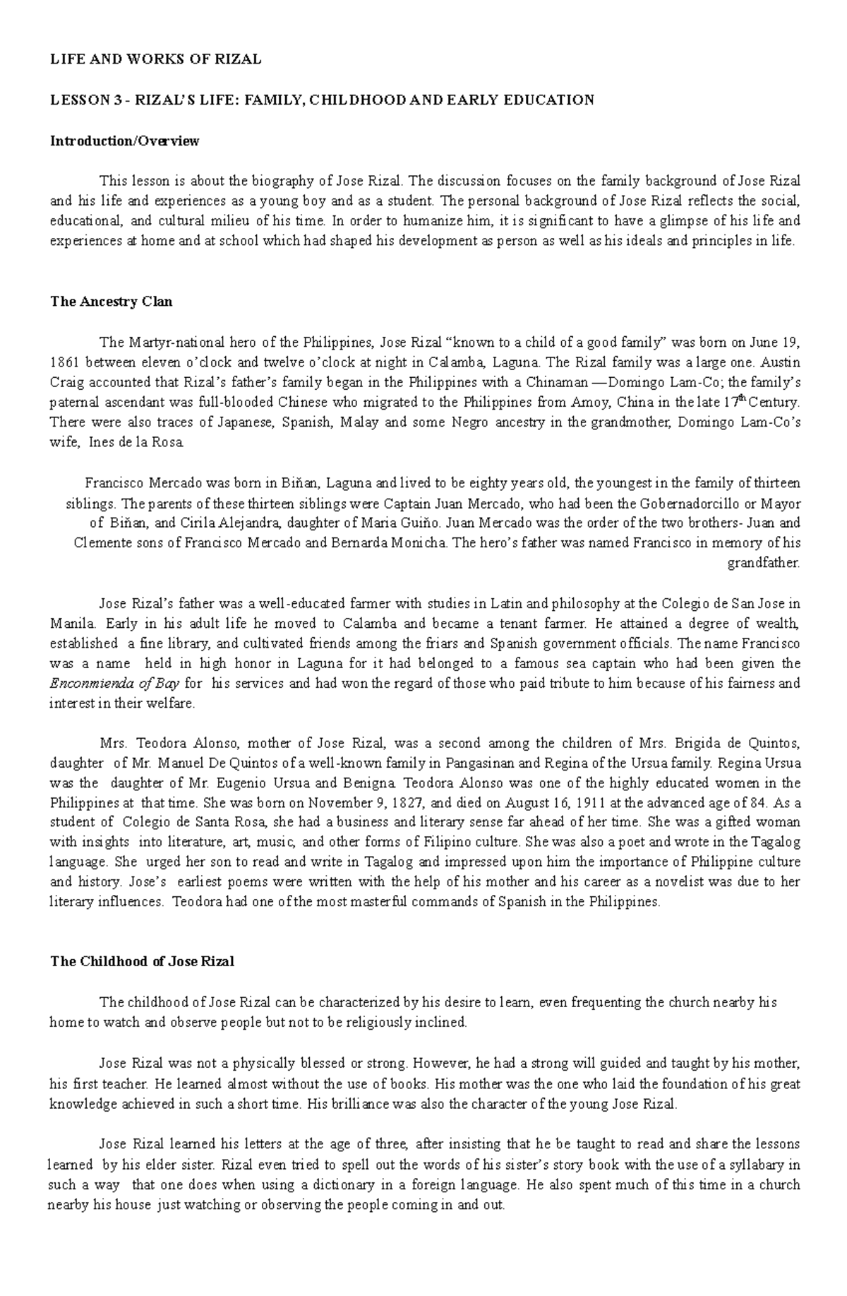 Lesson 3 - Jose Rizal's Family, Childhood, and Early Education (LIFE ...