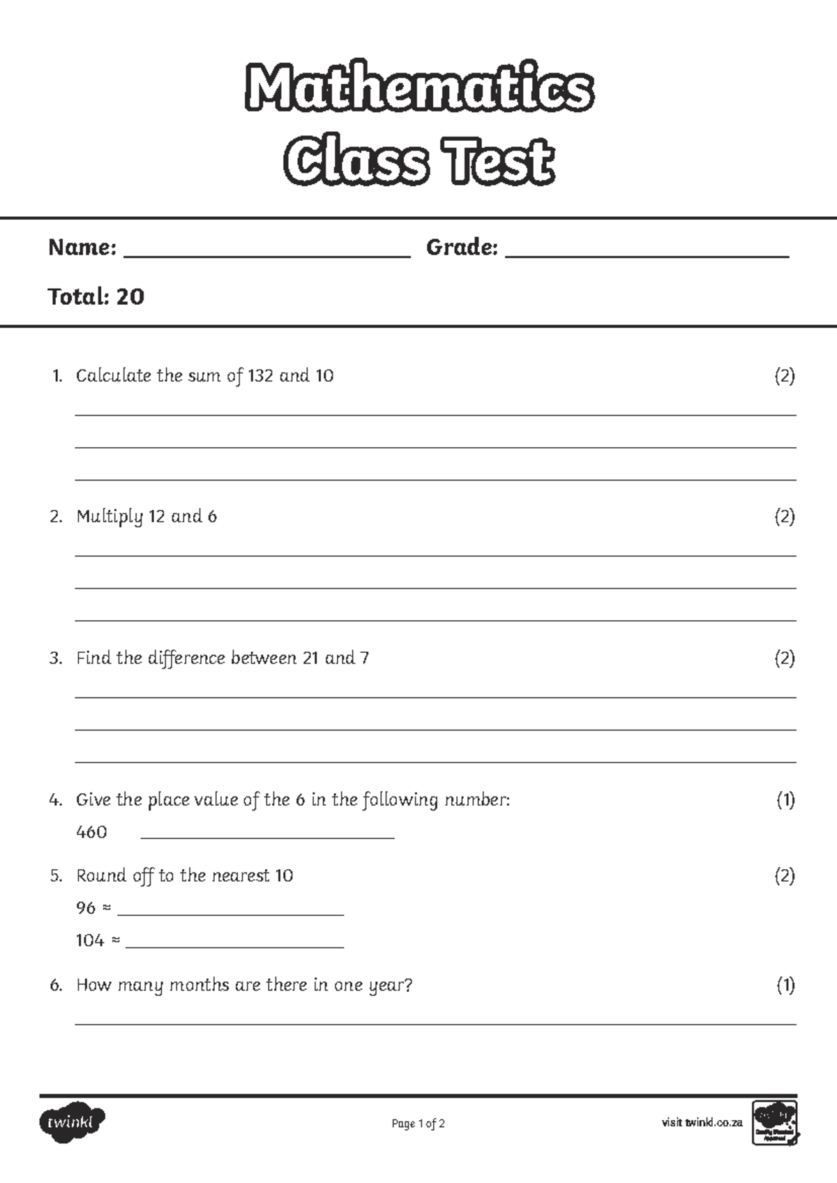 Mathematics Class Test - Term 1 Notes (Grade: 20) - Studocu