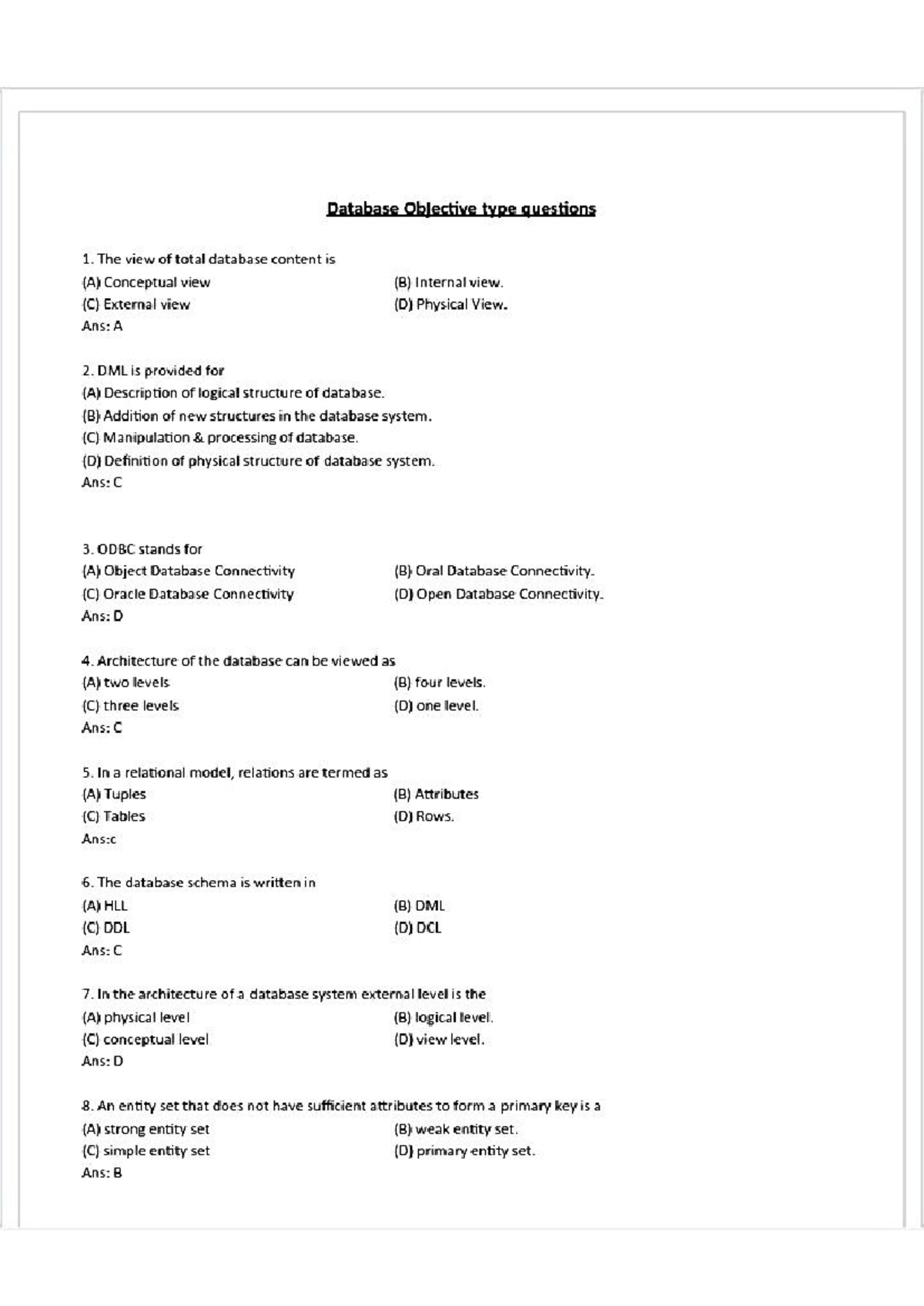 COS124 Database Practice Questions and Answers - Studocu