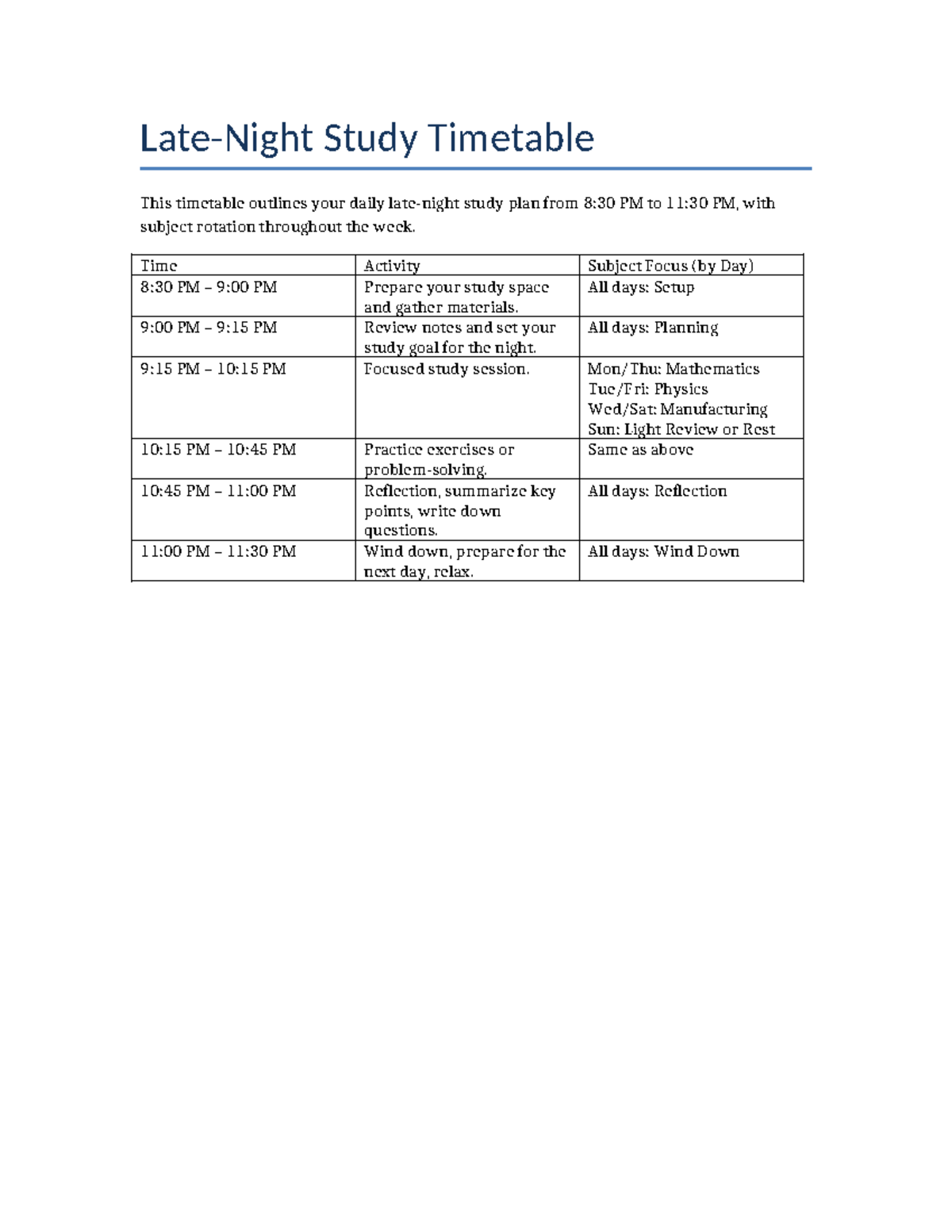 Late Night Study Timetable for Effective Study Sessions - Studocu