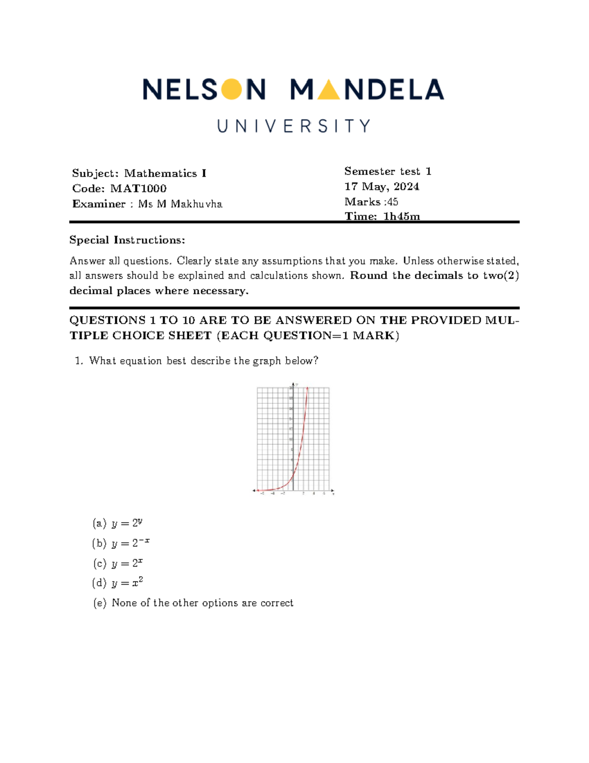 Mathematics I Semester Test 1 - May 17, 2024 - Studocu