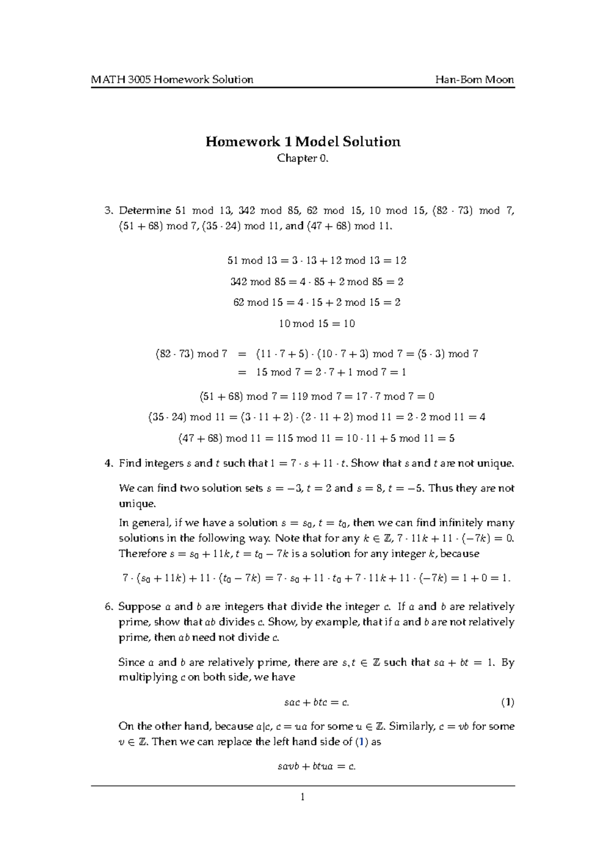 Homework Solution 1 - Determine51 mod 13,342 mod 85,62 mod 15,10 mod 15 ...