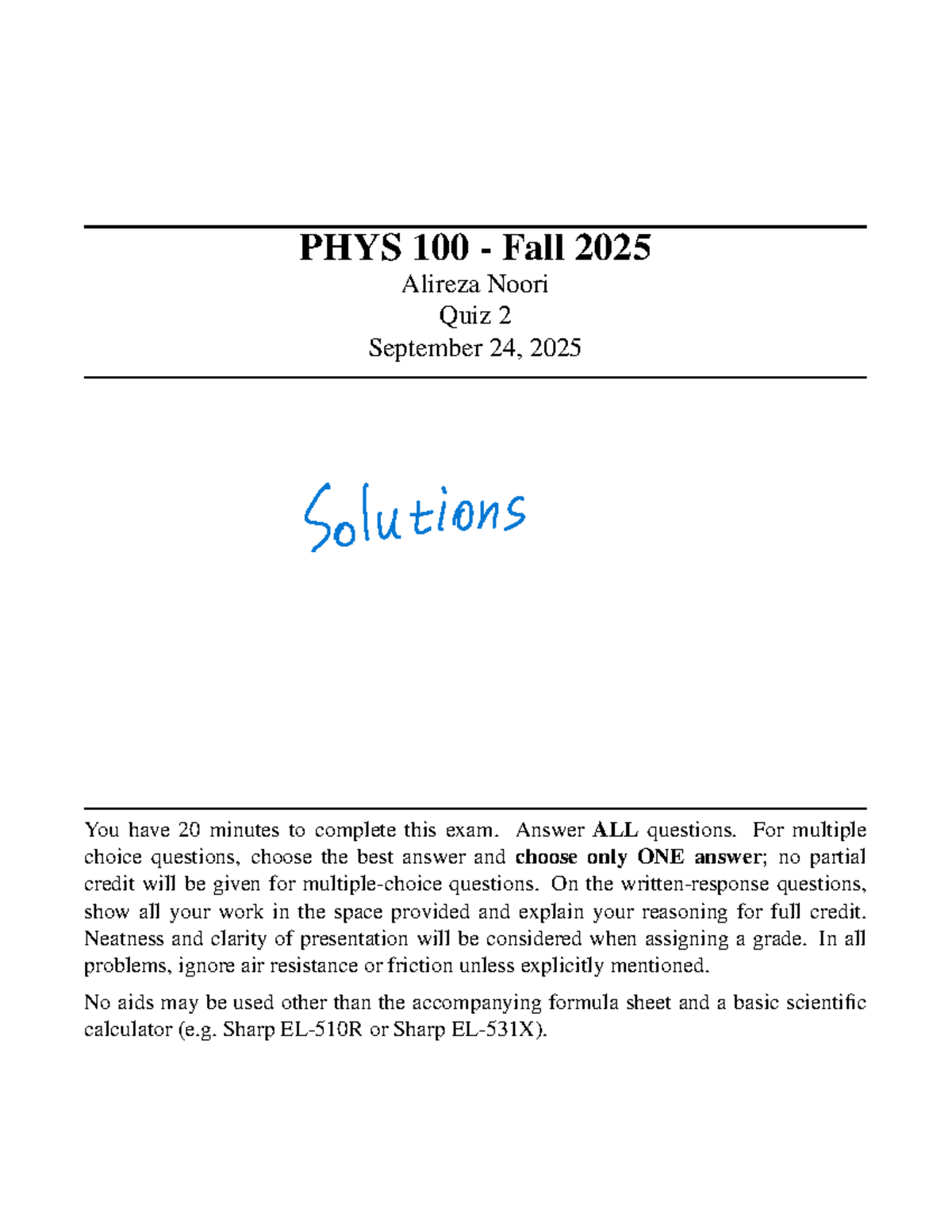 PHYS 100 Fall 2025 Quiz 2 Solutions and Explanations - Studocu