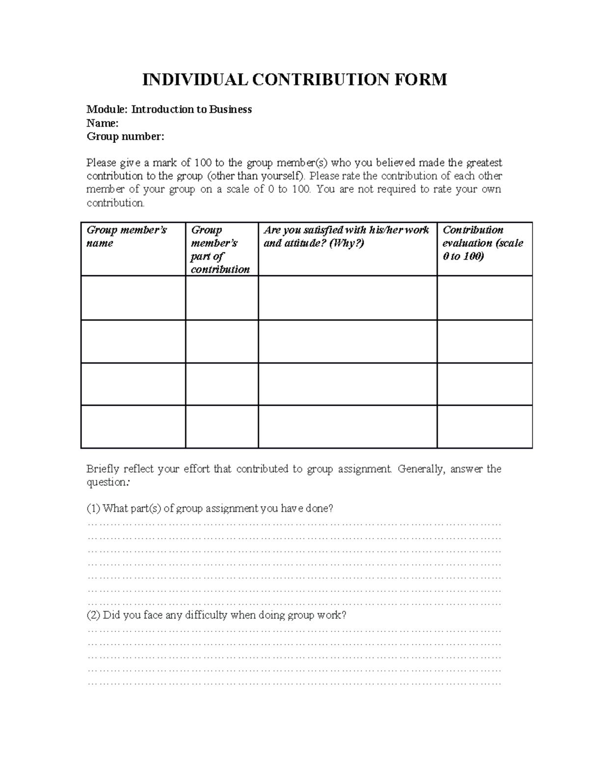 Individual Contribution Evaluation Form - Introduction to Business ...