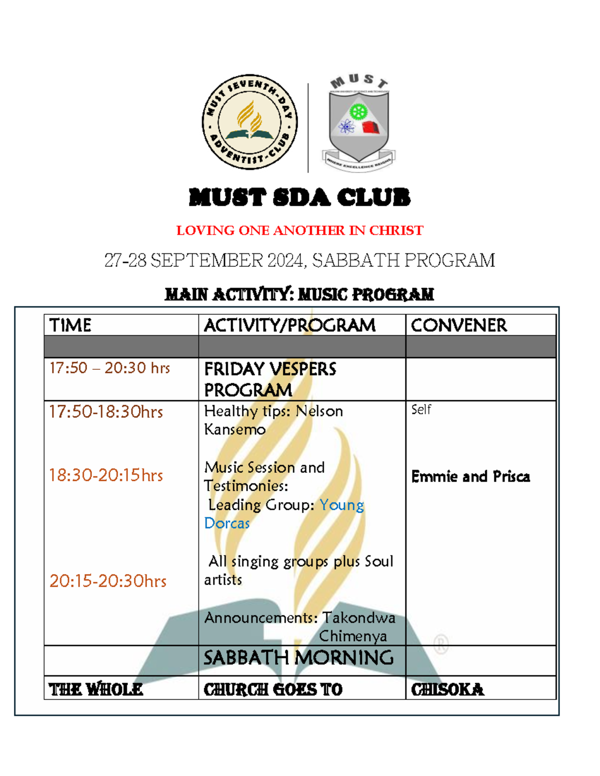 MUST SDA CLUB Music Program Schedule - 27-28 Sept Activities - Studocu