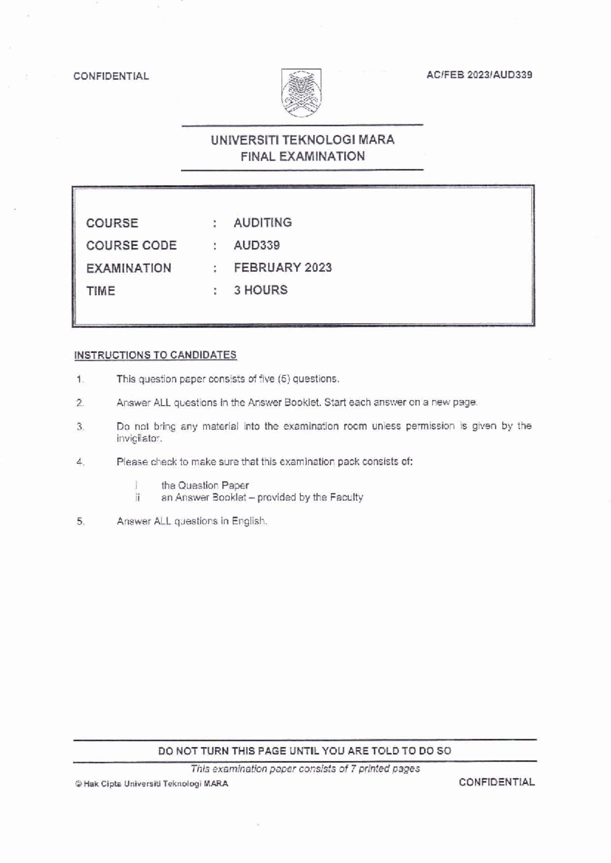 AUD339 Final Exam: Auditing Questions - February 2023 - Studocu