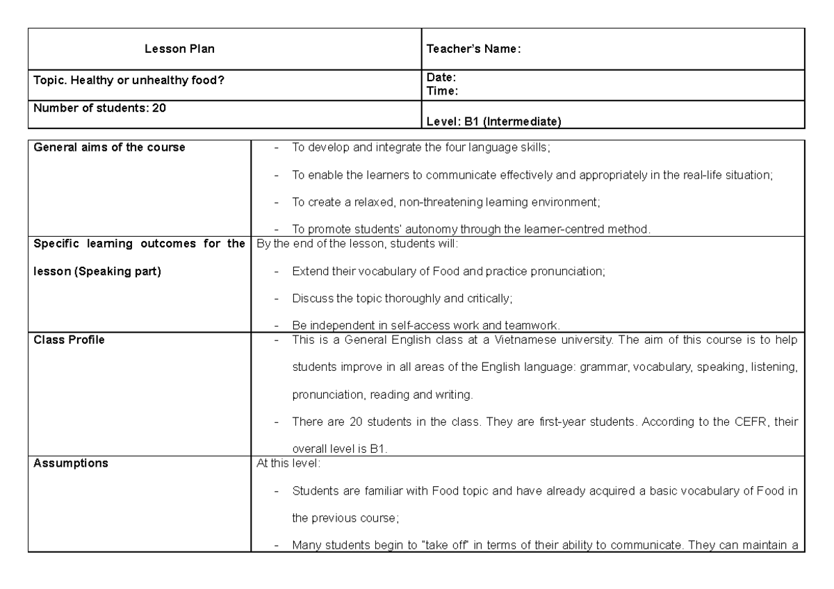 Lesson Plan Example: Healthy vs Unhealthy Food - B1 General English ...