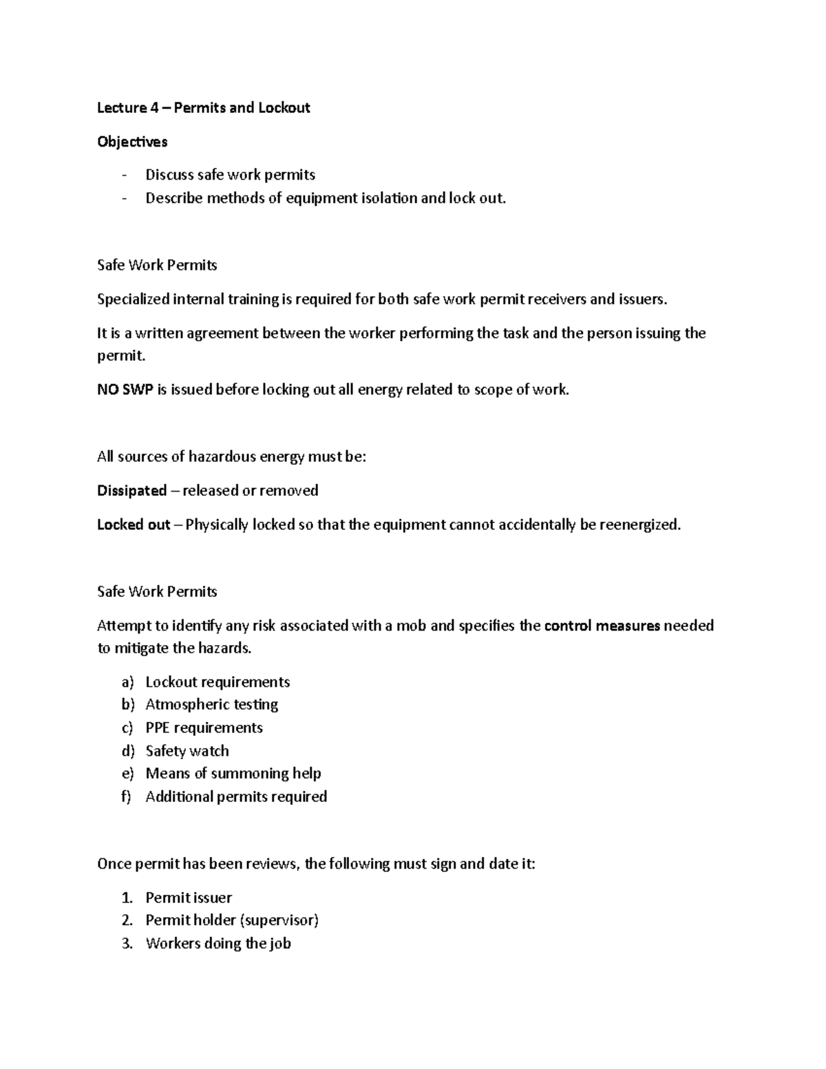 Lecture 4: Safe Work Permits & Lockout Procedures Notes - Studocu