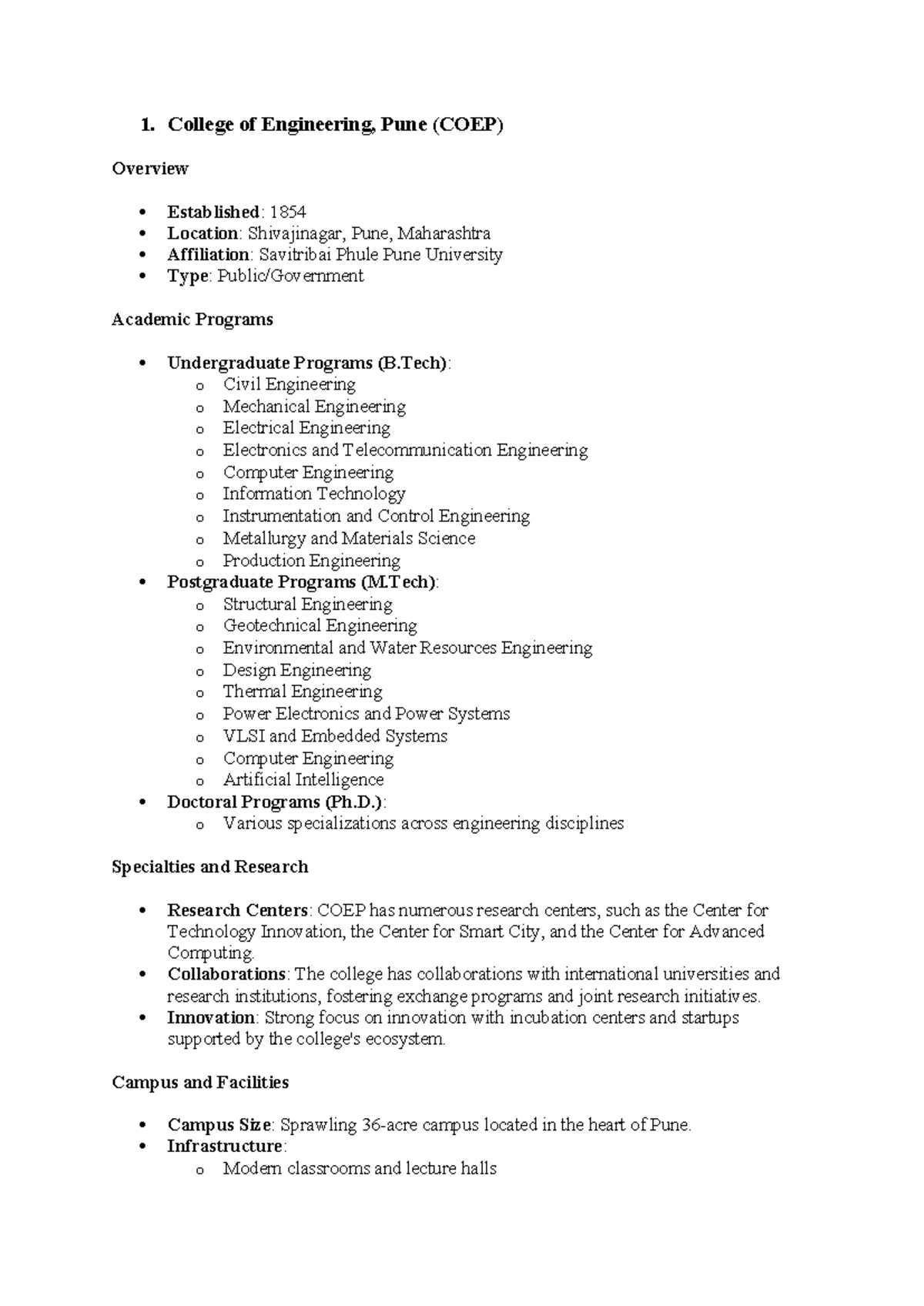COEP - Comprehensive Overview of College of Engineering Programs - Studocu