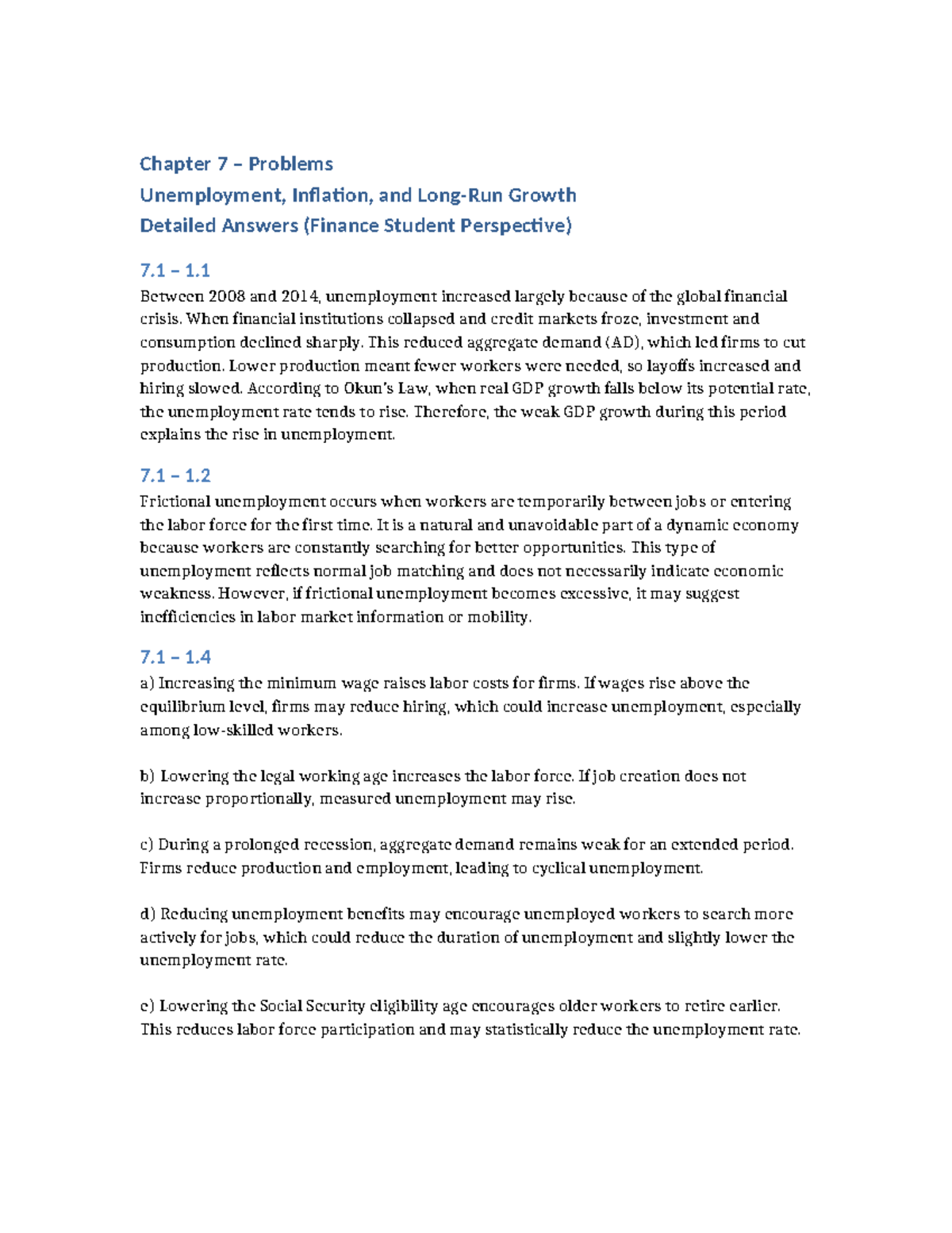 Chapter 7 Problems: Unemployment, Inflation, and Growth Solutions - Studocu