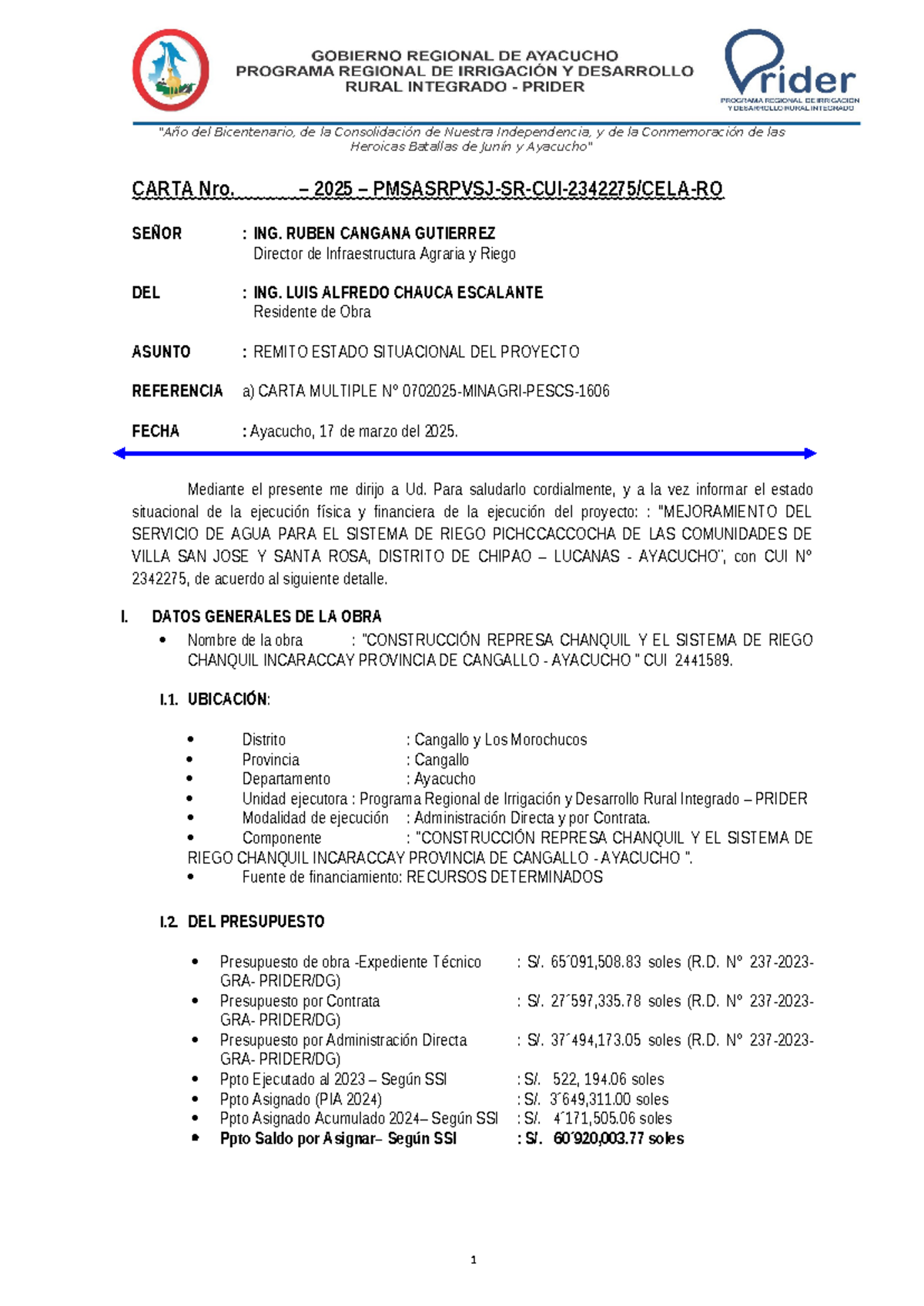 Estado Situacional del Proyecto de Riego - Chipao (Marzo 2025) - Document Preview