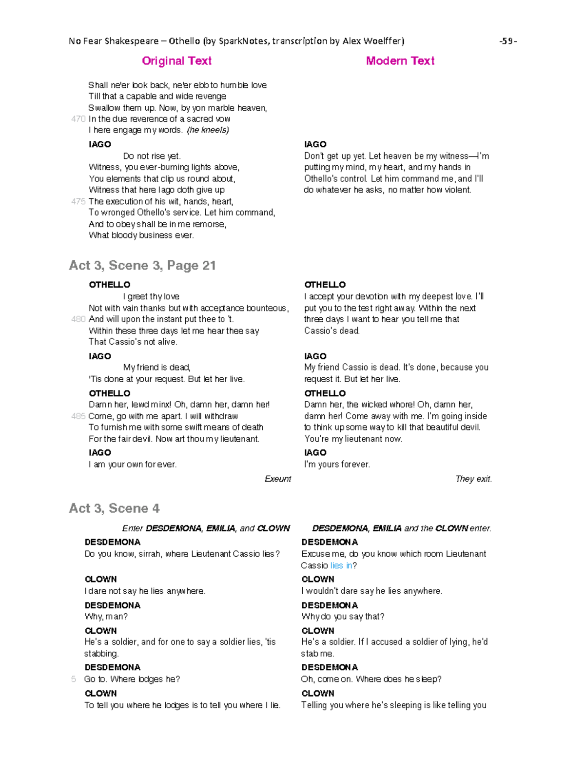No Fear Shakespeare: Othello (SparkNotes Transcription by Alex Woelffer ...