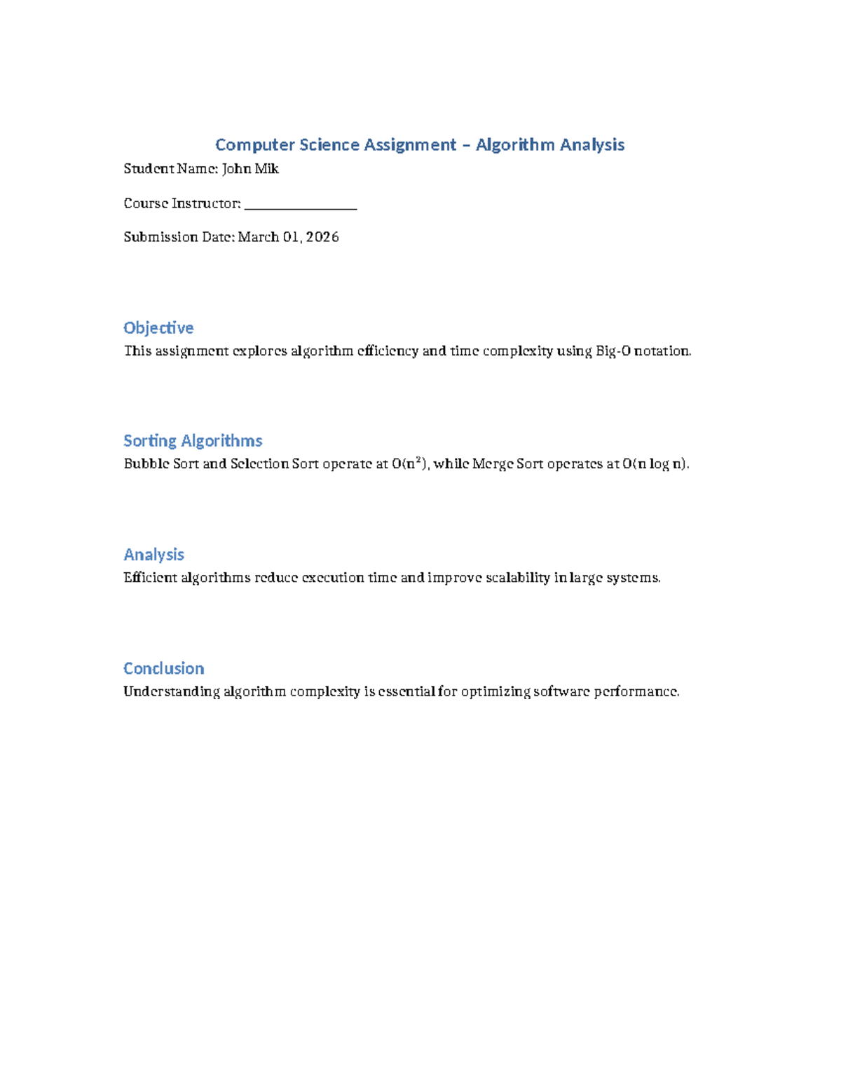 Computer Science Assignment Algorithm Analysis - Computer Science ...