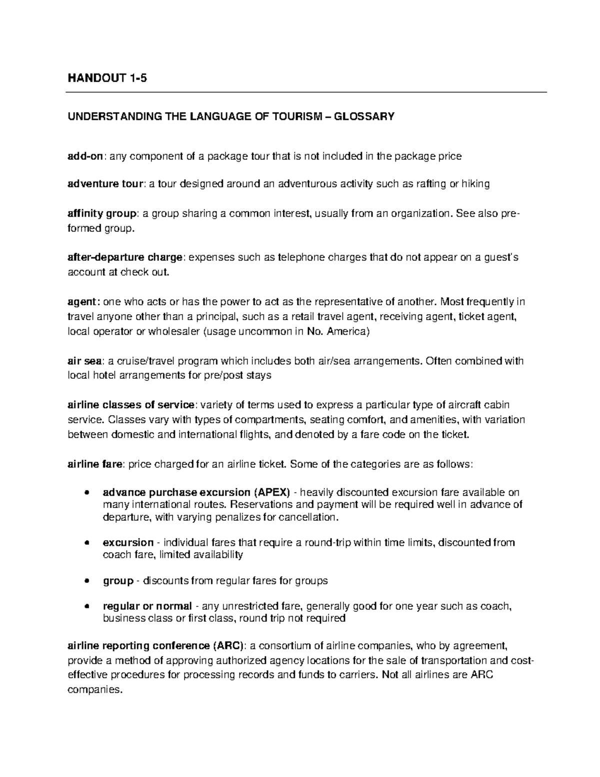Handout 1-5 - khkjhk - HANDOUT 1- UNDERSTANDING THE LANGUAGE OF TOURISM ...