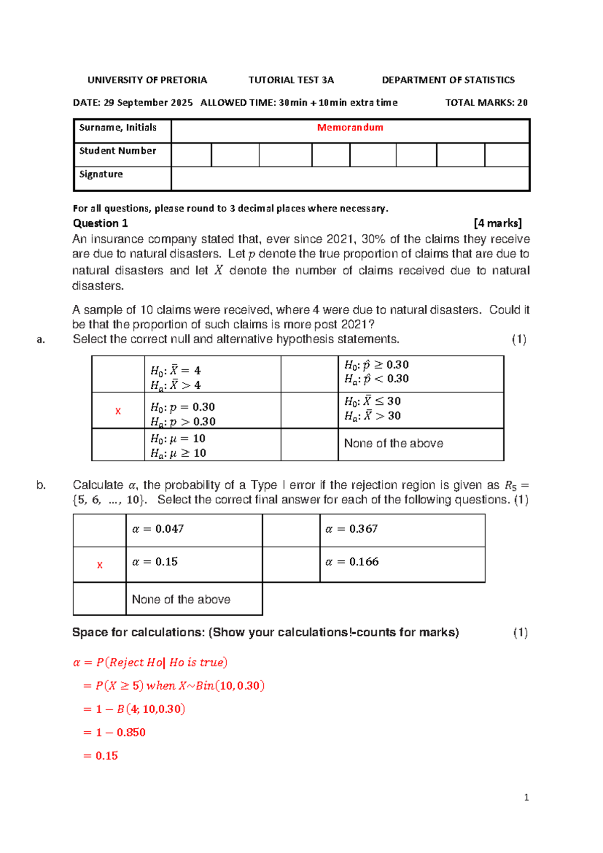 Tutorial Test 3A Memo - Department of Statistics - Studocu