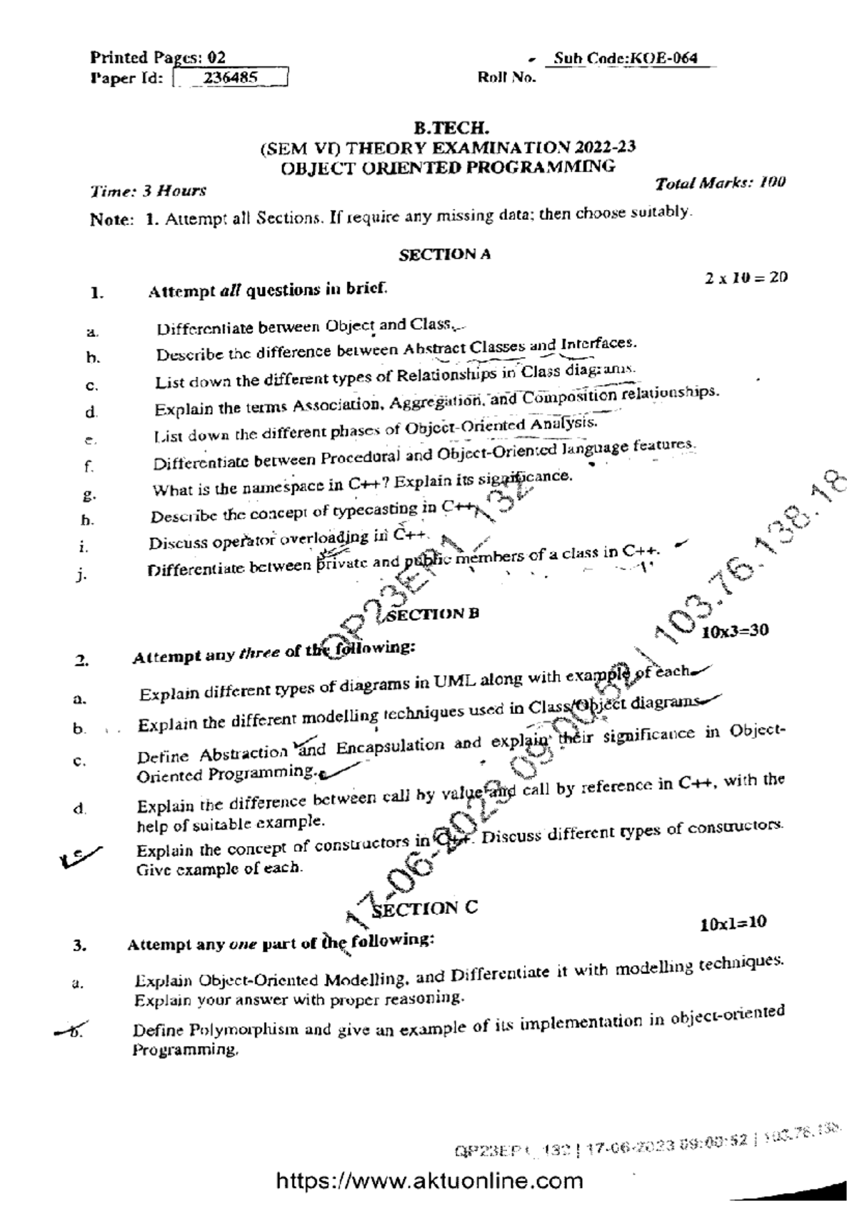 BTech OE 6 Sem Object Oriented Programming KOE 064 June 2023 Notes ...