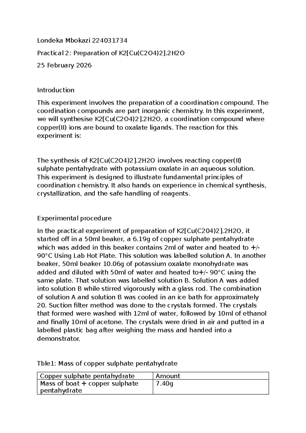 Practical Report: Synthesis of Coordination Compound (CHEM 224031734 ...