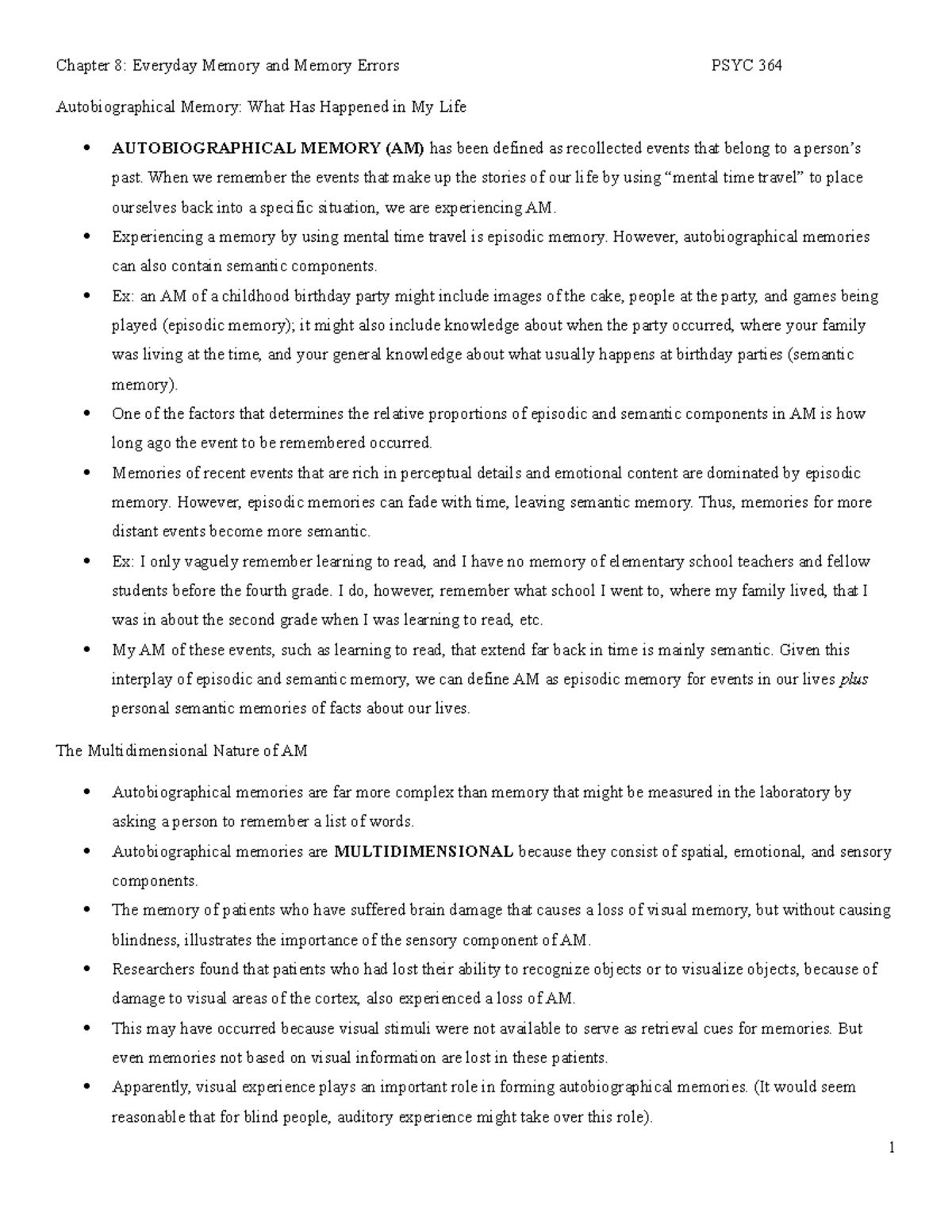 Chapter 8 Overview: Everyday Memory & Memory Errors (PSYC 364) - Studocu