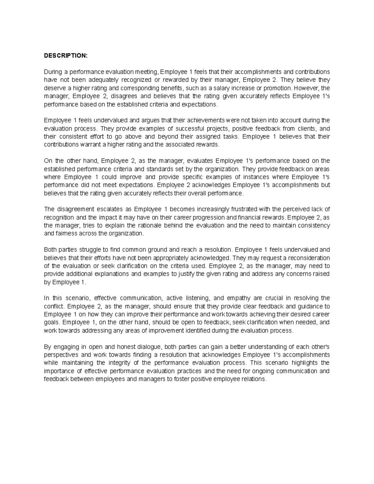 ROLE PLAY - Performance Evaluation Conflict Script - Studocu