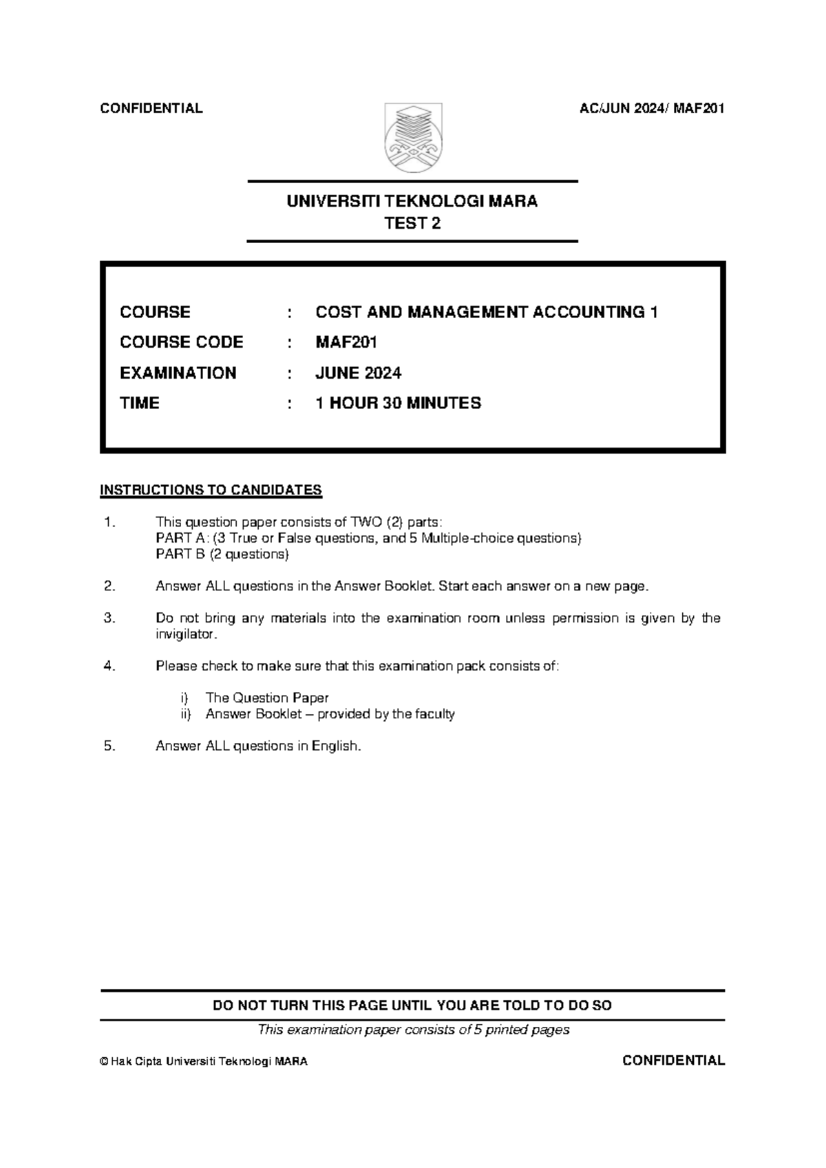 MAF201 TEST 2: COST AND MANAGEMENT ACCOUNTING EXAMINATION JUNE 2024 ...