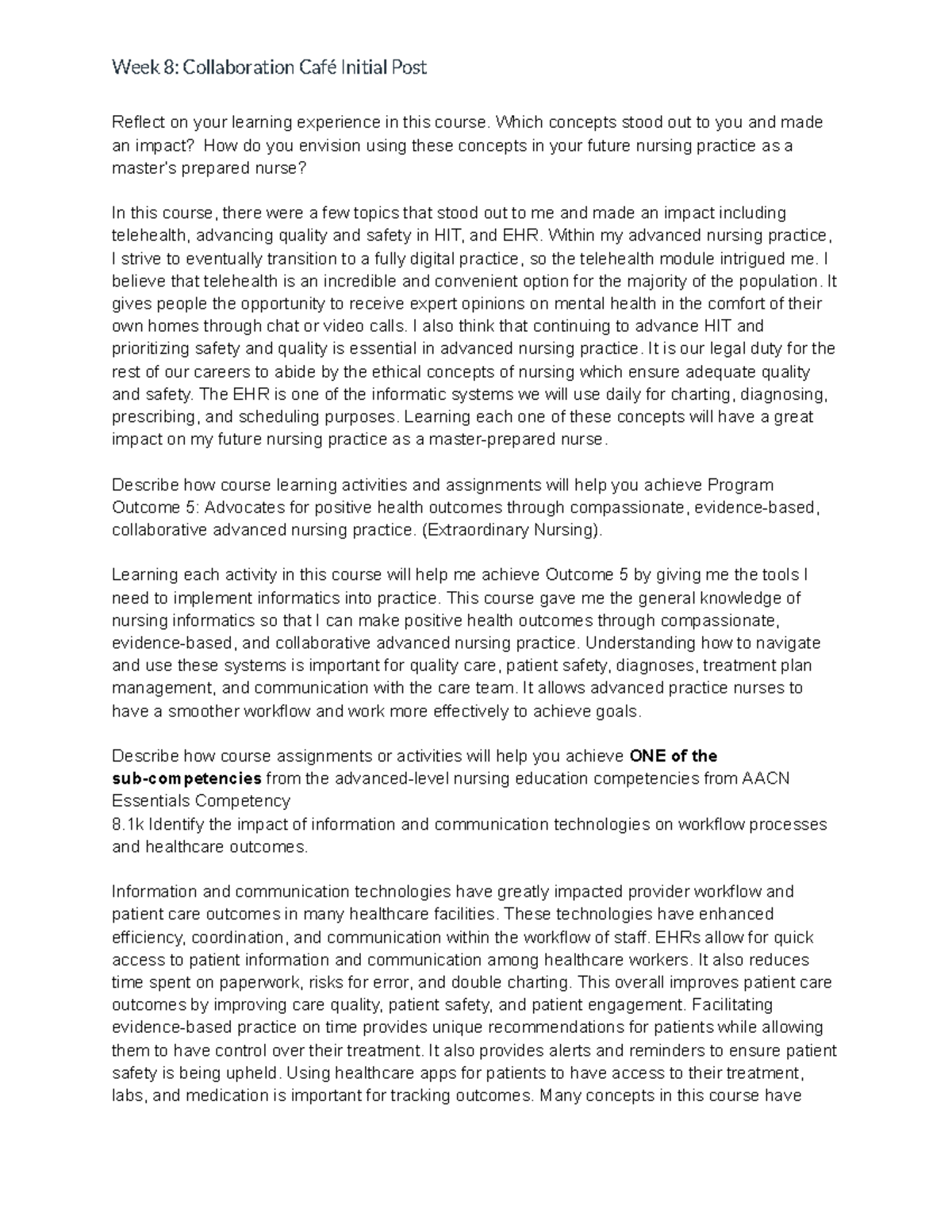 Week 8: Collaboration Café Reflection on Nursing Informatics Concepts ...