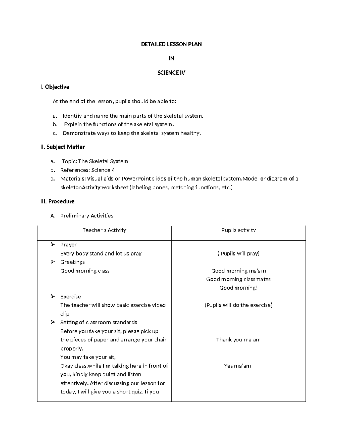 Detailed Lesson Plan on Skeletal System - Science IV - Studocu