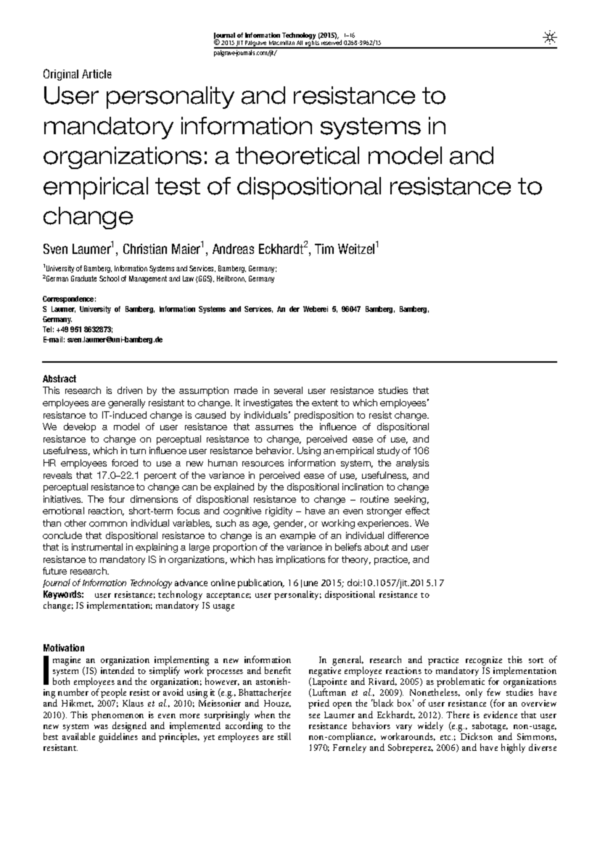 User Personality and Resistance to Mandatory IS: Insights from PPNC ...