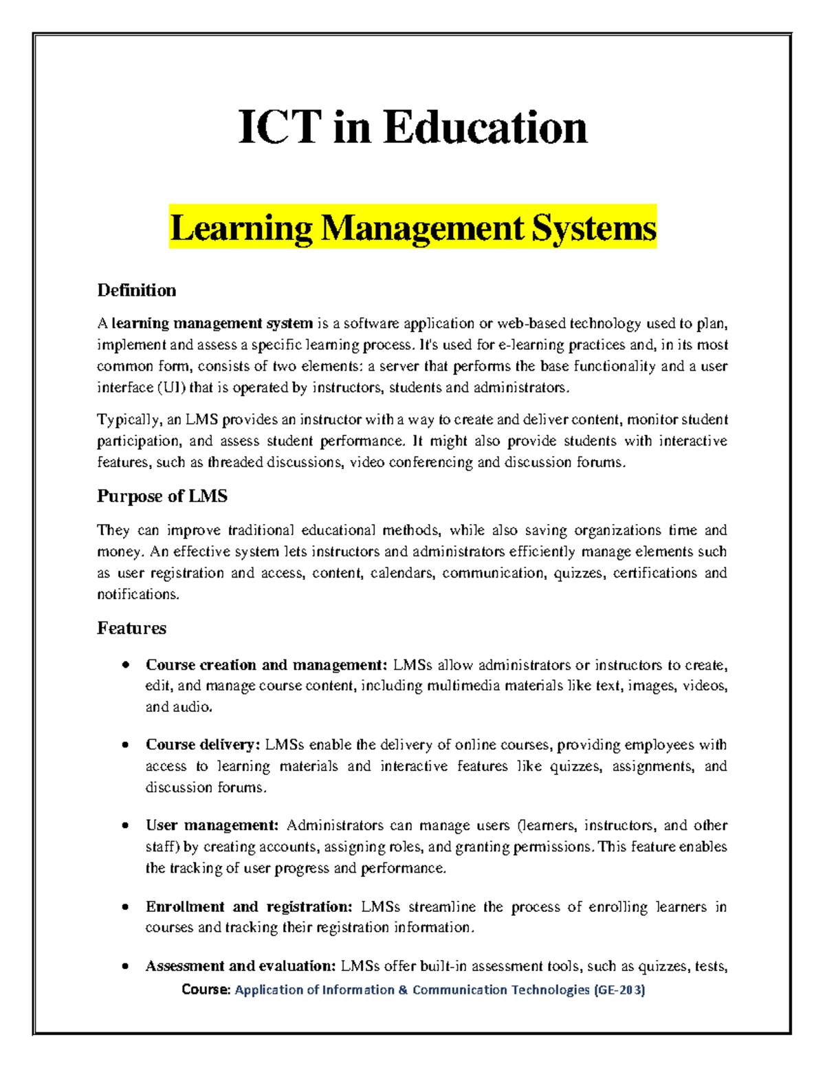 ICT in Education - Comprehensive Study Notes on LMS and Online Courses ...